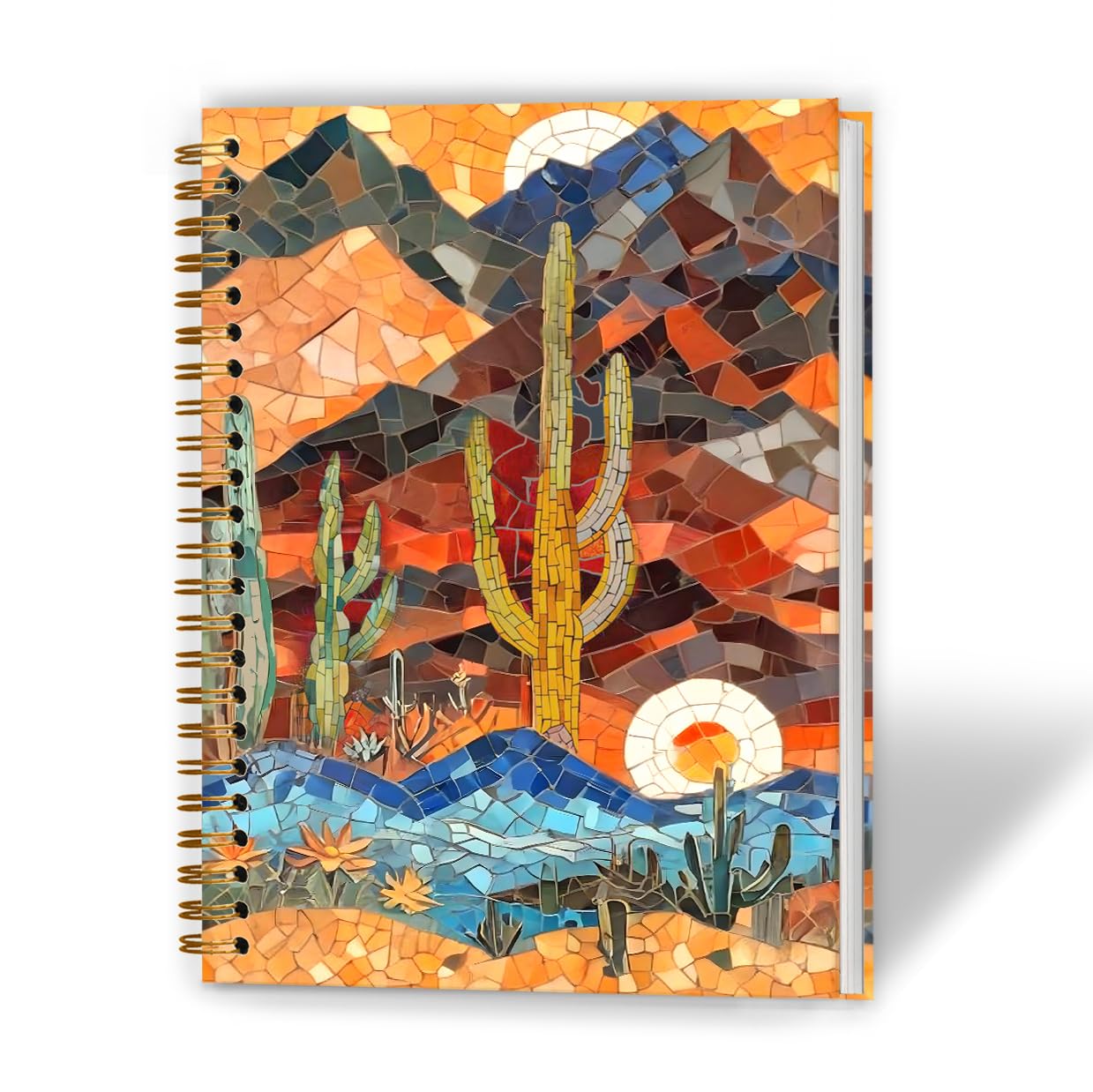 Diario occidentale con cactus e deserto in vetro colorato, diario in stile bohémien, diario astratto a puzzle, quaderno a spirale con copertina rigida sud-occidentale, 14 x 21 cm