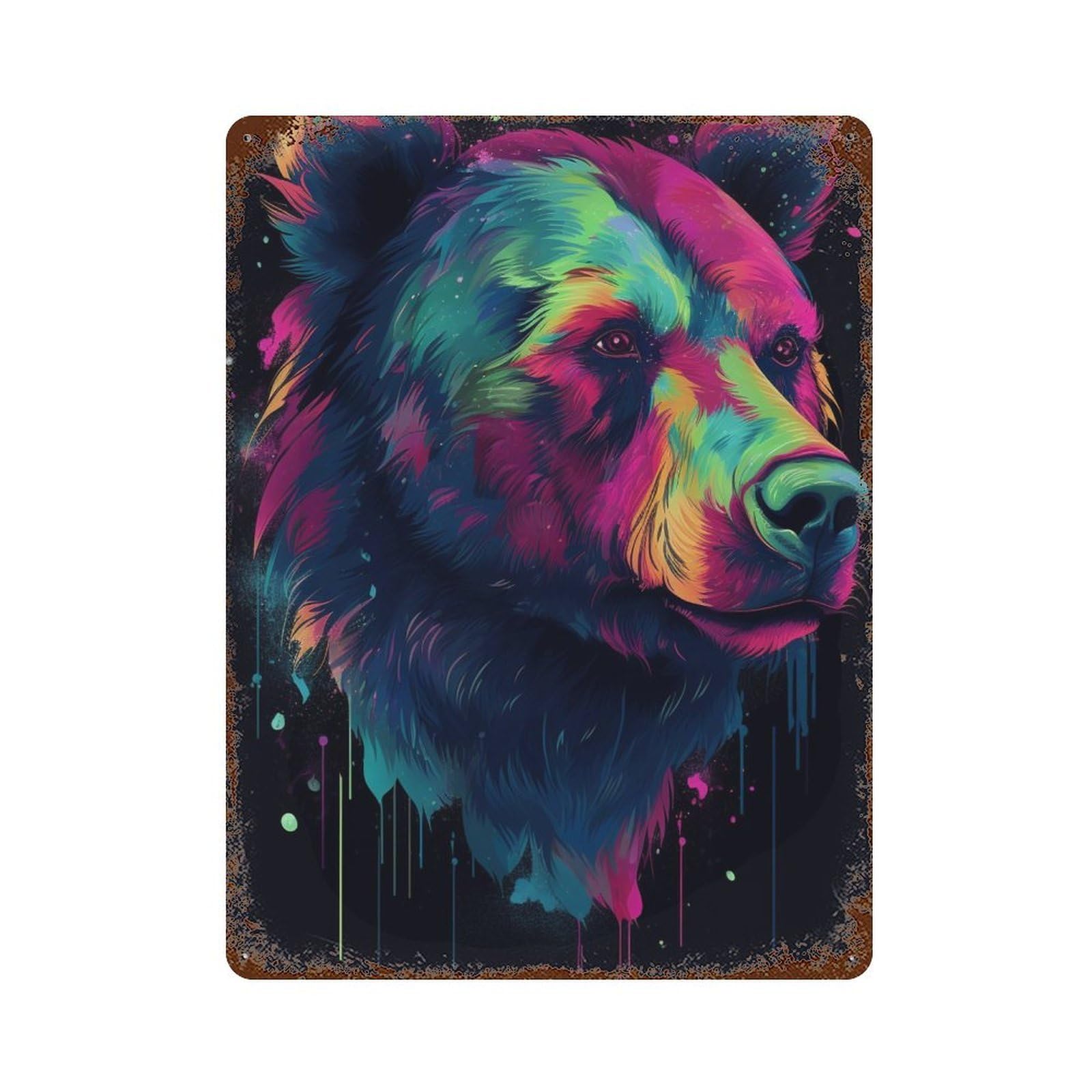 Garage Style Colorful Bear Illustration Rustic Tin Plaque 15.7"x11.8", Vintage Wall Decor for Bar And Workshop