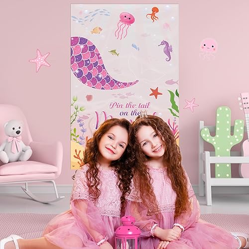 Miniatura 8 de Hxezoc Pin The Tail on The Mermaid Game con 40 piezas de colas grandes de sirena rosa para niños y niñas, fiesta de cumpleaños de sirena,