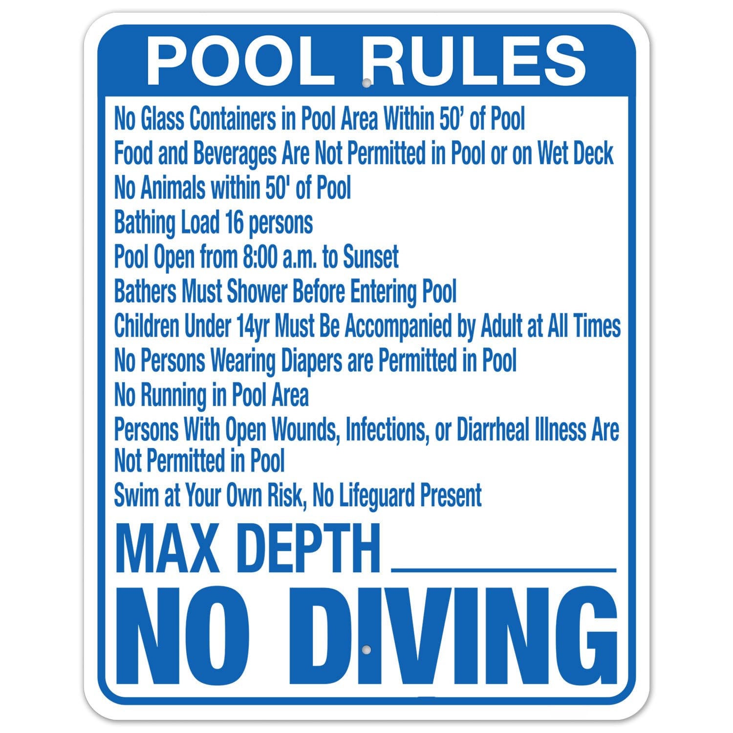 Outdoor Pool Standard Safety Regulation Metal Sign Leisure Area Reminder 12x8 Inch