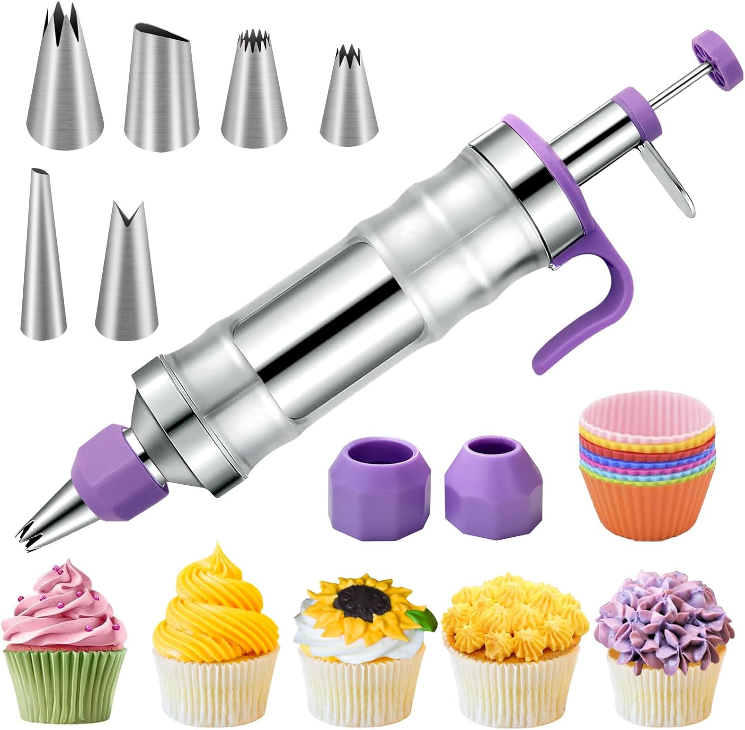 Dessert Decorating Syringe Set, Frosting Piping Kit Cake Decorating Tool, 6 Stainless Steels Piping Tips, 2 Couplers, 9 Silicone Baking Cups, Cupcake Frosting Filling Injector Icing Piping Kit