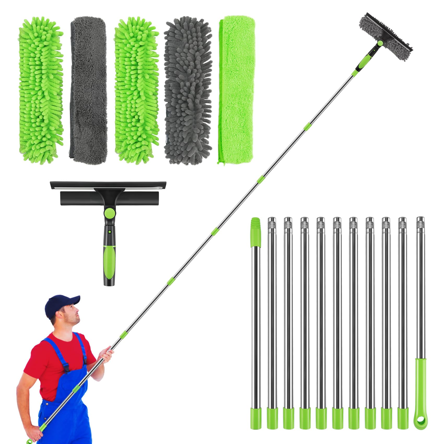 Clickinline Green Window Cleaning Equipment, 5M Window Squeegee, Telescopic Window Cleaner, With Squeegee Brush And Scrubber Tool, 11 Pcs Adjustable Pole For Indoor/Outdoor High Window, Wall, ​Car (Green)