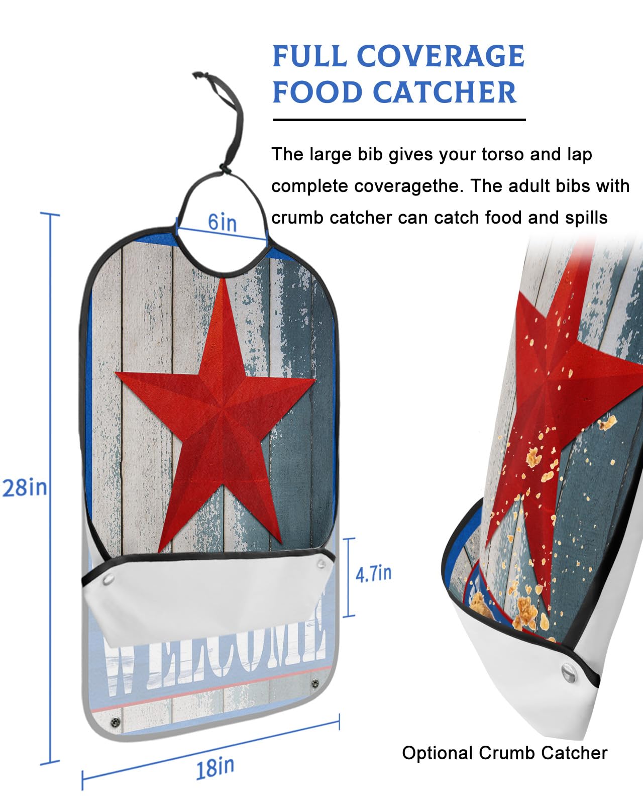 Independence Day Adult Bibs for Eating, Waterproof Bibs with Food Catcher & Adjustable Snap Closure, Welcome Retro Red Star Blue Board Washable Clothing Protectors Adult Bibs for Elderly Women/Men