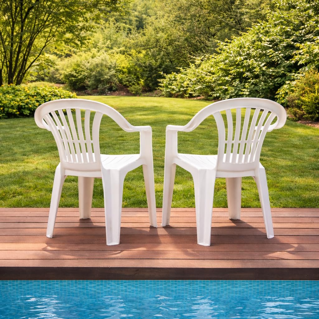 Set Sedie da Giardino - per Esterno, in Resina, Bianco, Braccioli Ergonomici, Schienale Basso, Impilabili, Impermeabile, Resistente - 55 x 53 x 82 cm
