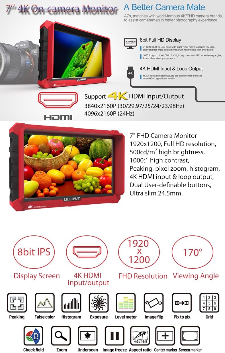Lilliput A7S 7-inch 1920x1200 IPS Screen Camera Field Monitor 4K HDMI Input Output Video for DSLR Mirrorless Camera Sony A7S II A6500 Panasonic GH5 Canon 5D Mark IV DJI Ronin M