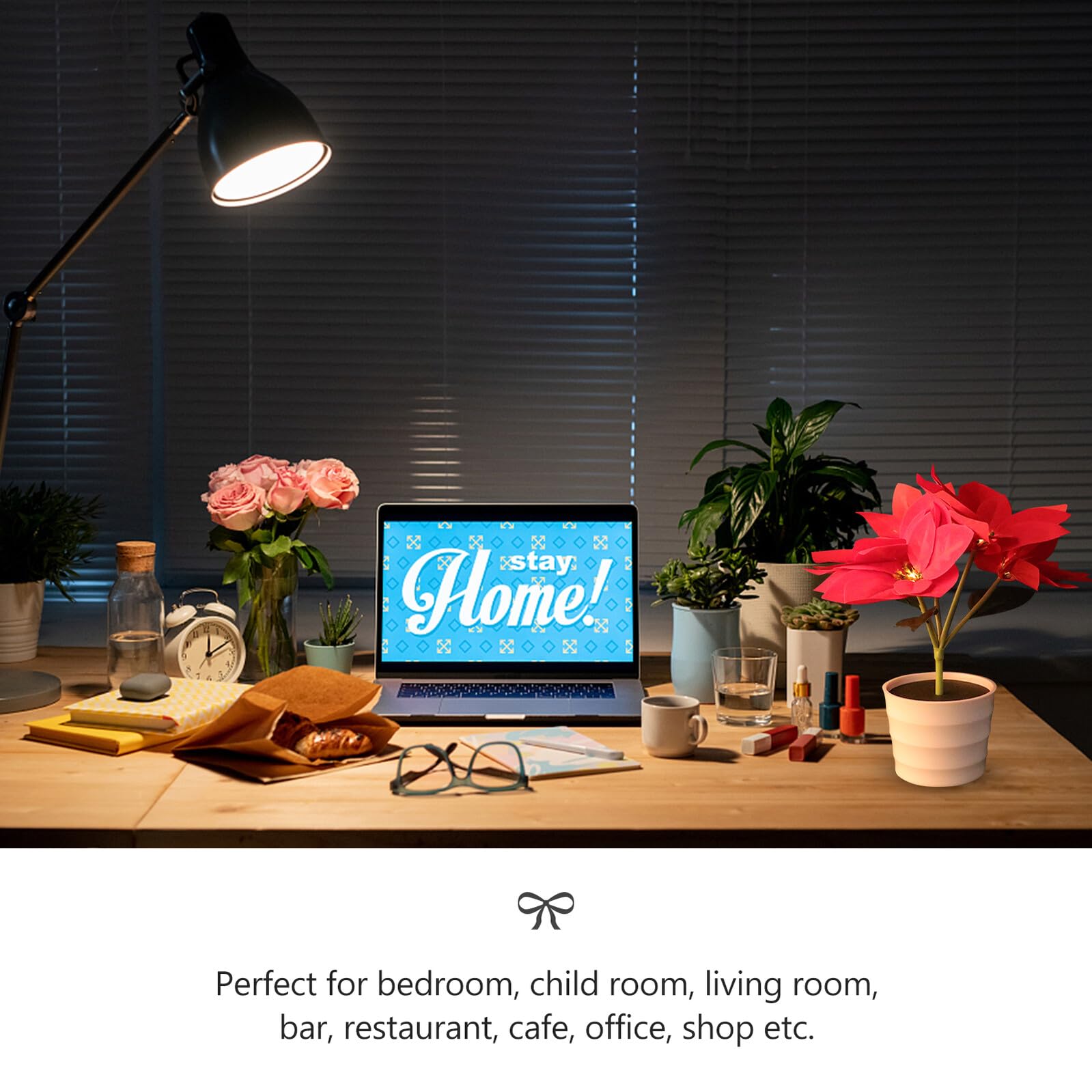 ORFOFE Dekoratives Blumentopf Nachtlicht mit Künstlicher Poinsettia aus Kunststoff und Stoff Stilvolle Tischlampe für Schlafzimmer und Laden Zufälliger Stil