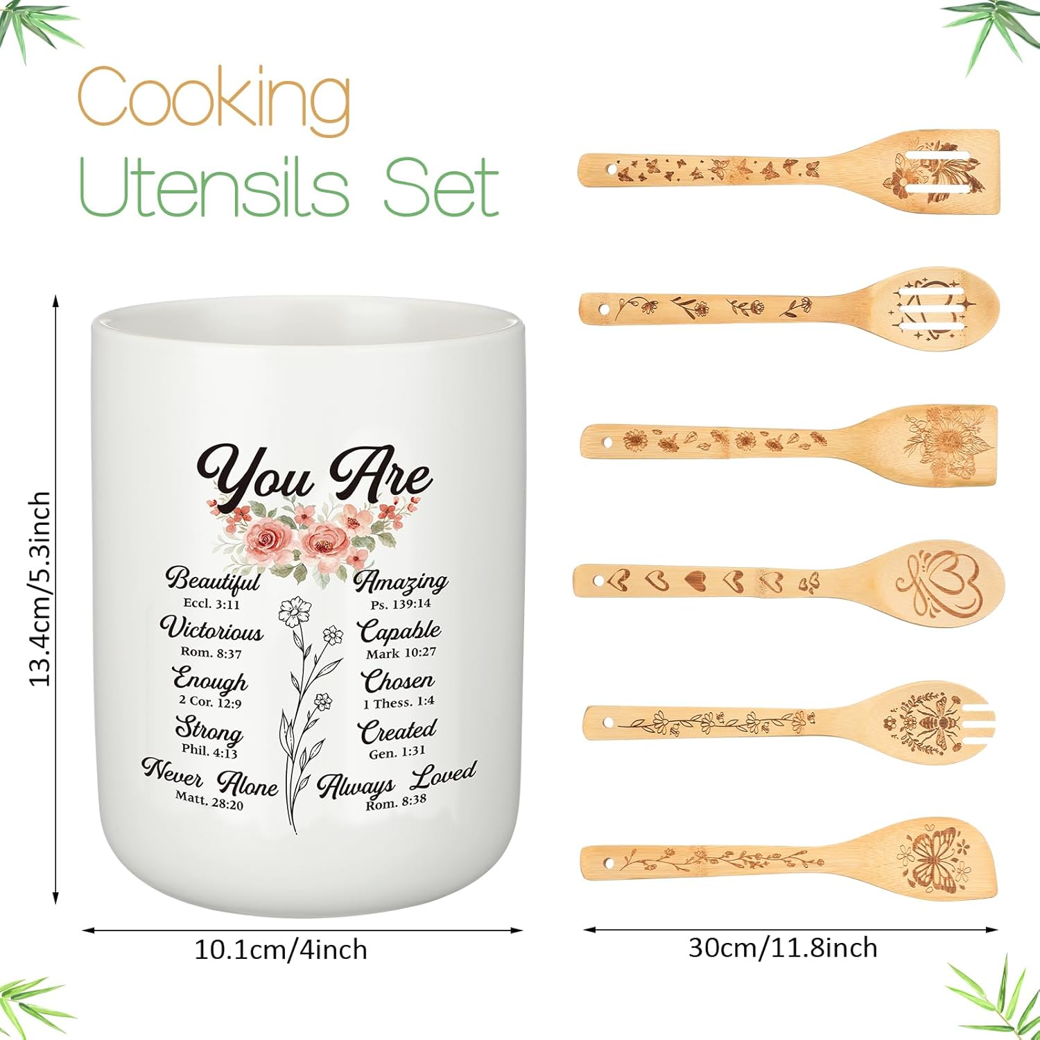Patelai 8 Pcs Christian Cooking Utensils Gift Set for Women Bamboo Religious Cutting Board with Inspirational Quotes Ceramic Utensil Holder with 6 Bamboo Spoons for Women Mom Sister