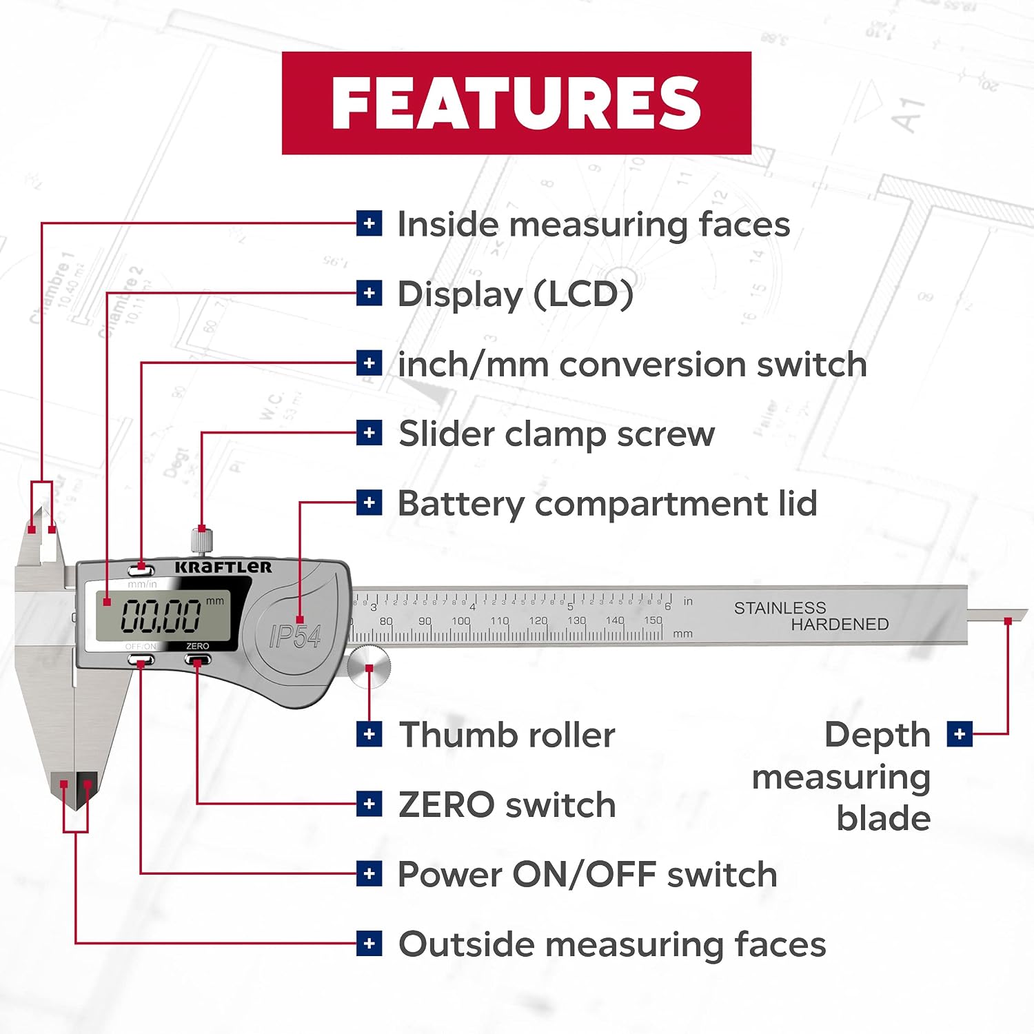 KRAFTLER Digital Caliper Measuring Tool Vernier Caliper Electronic - 150mm 0-6" Inch/Metric Conversion with Extra-Large LCD Screen, IP54 Water Resistant, Stainless Steel