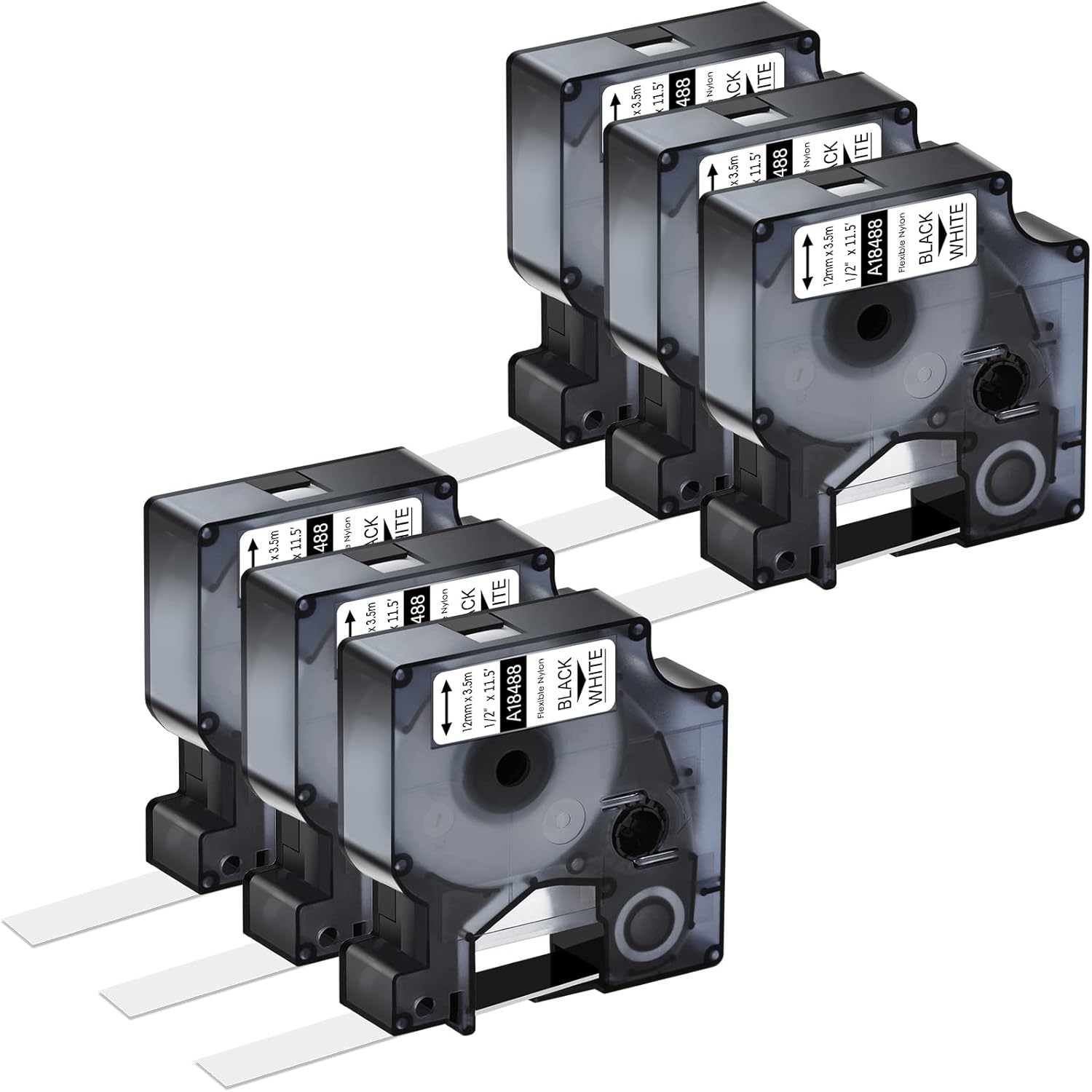 6 Pack Compatible for Dymo Rhino 18488 1/2'' x 11.5' Black on White Flexible Nylon Industrial Label Tape Rhino 1000 3000 4200 5000 5200 6000 and 3M Label Makers