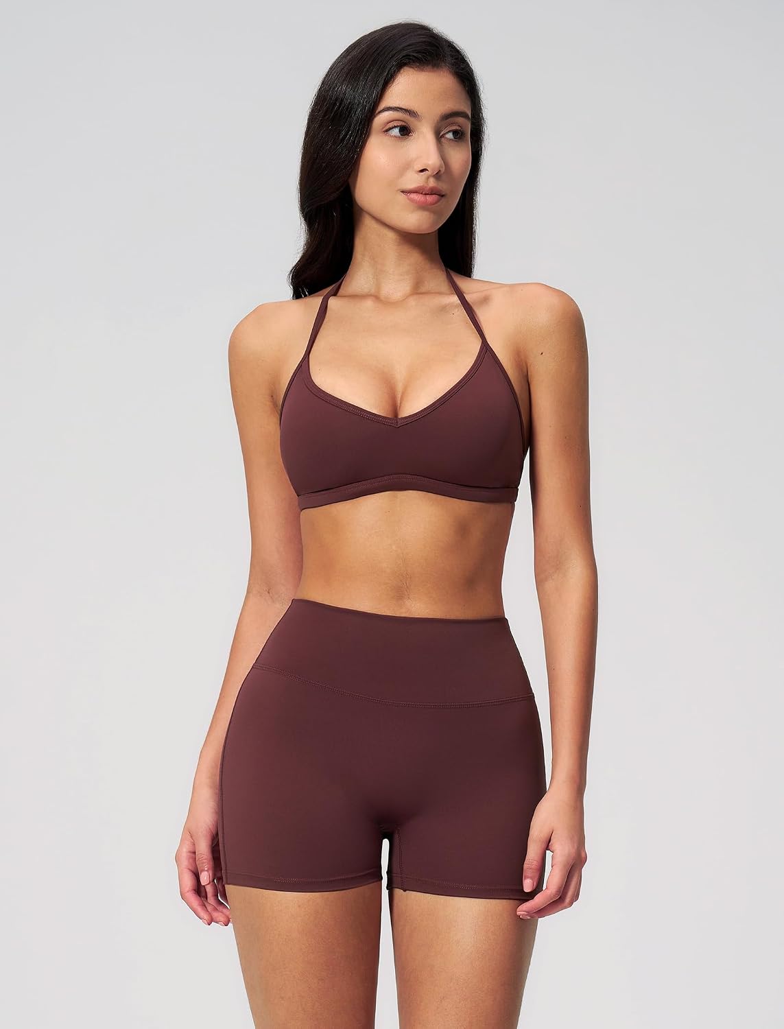 Women 2 Piece Workout Sets Open Back Halter Sports Bra High Waist Tummy Control V Neck Active Shorts Yoga Outfits
