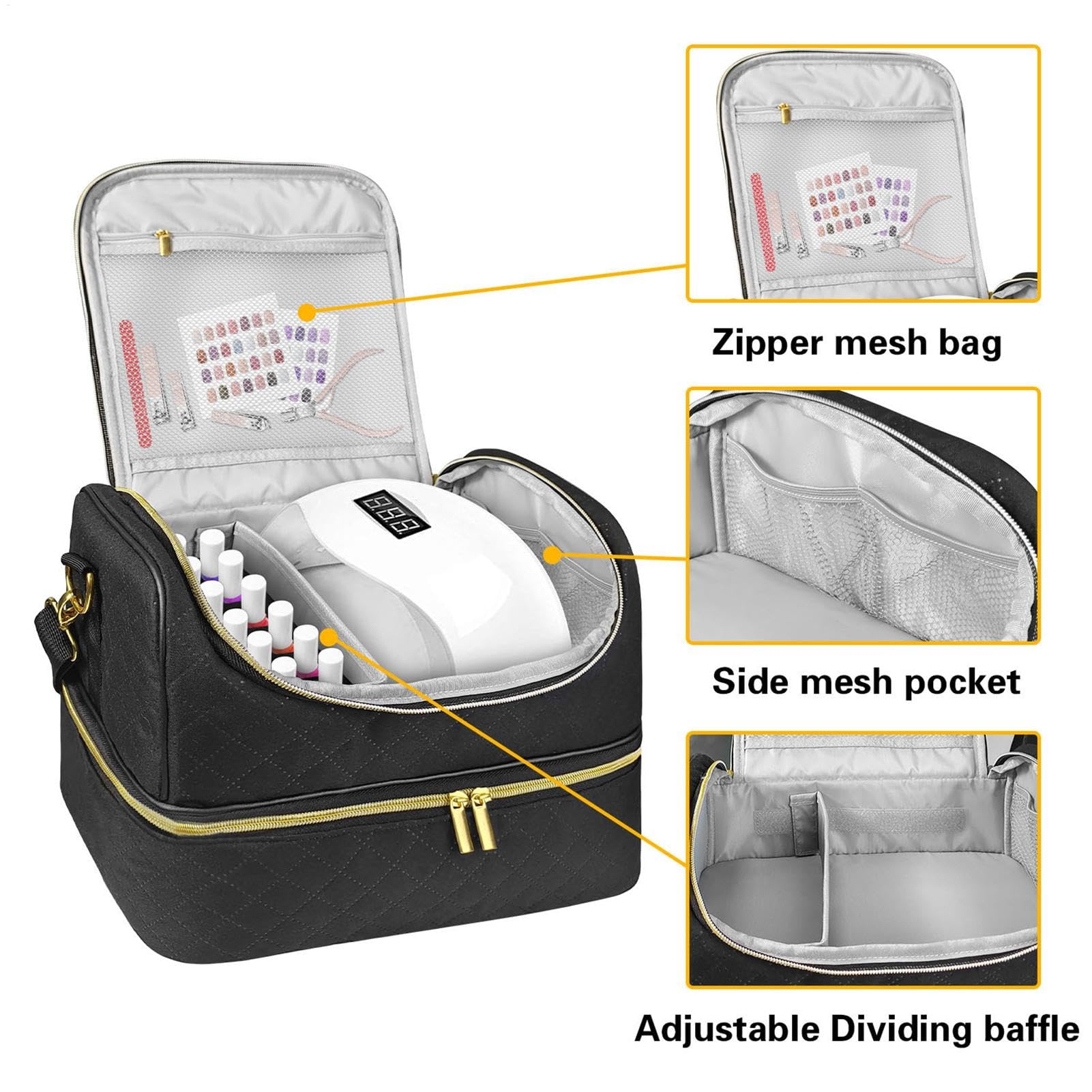 Organizer per smalto gel, borsa da viaggio per smalto per unghie | a doppio strato, contiene 60 bottiglie e asciugatrice, contenitore per oggetti e strumenti per manicure, robusto e compatto,
