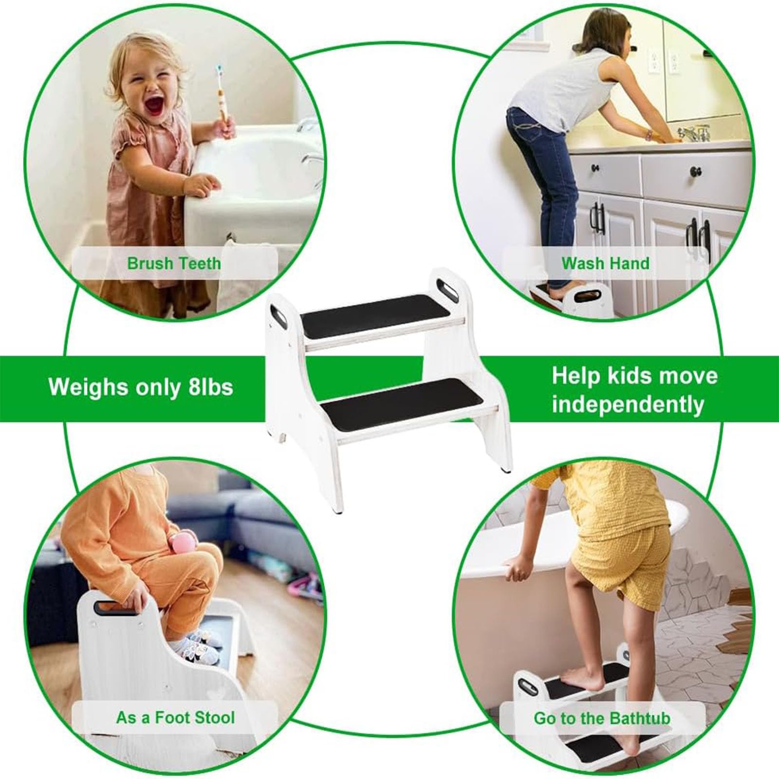 StrongTek Wood 2 Step Stool for Kids with Non-Slip Stepping Surface, Portable Handles, Skid Resistant Foot Pads, and 300 lbs. Capacity, Multipurpose Heavy-Duty Support (White)