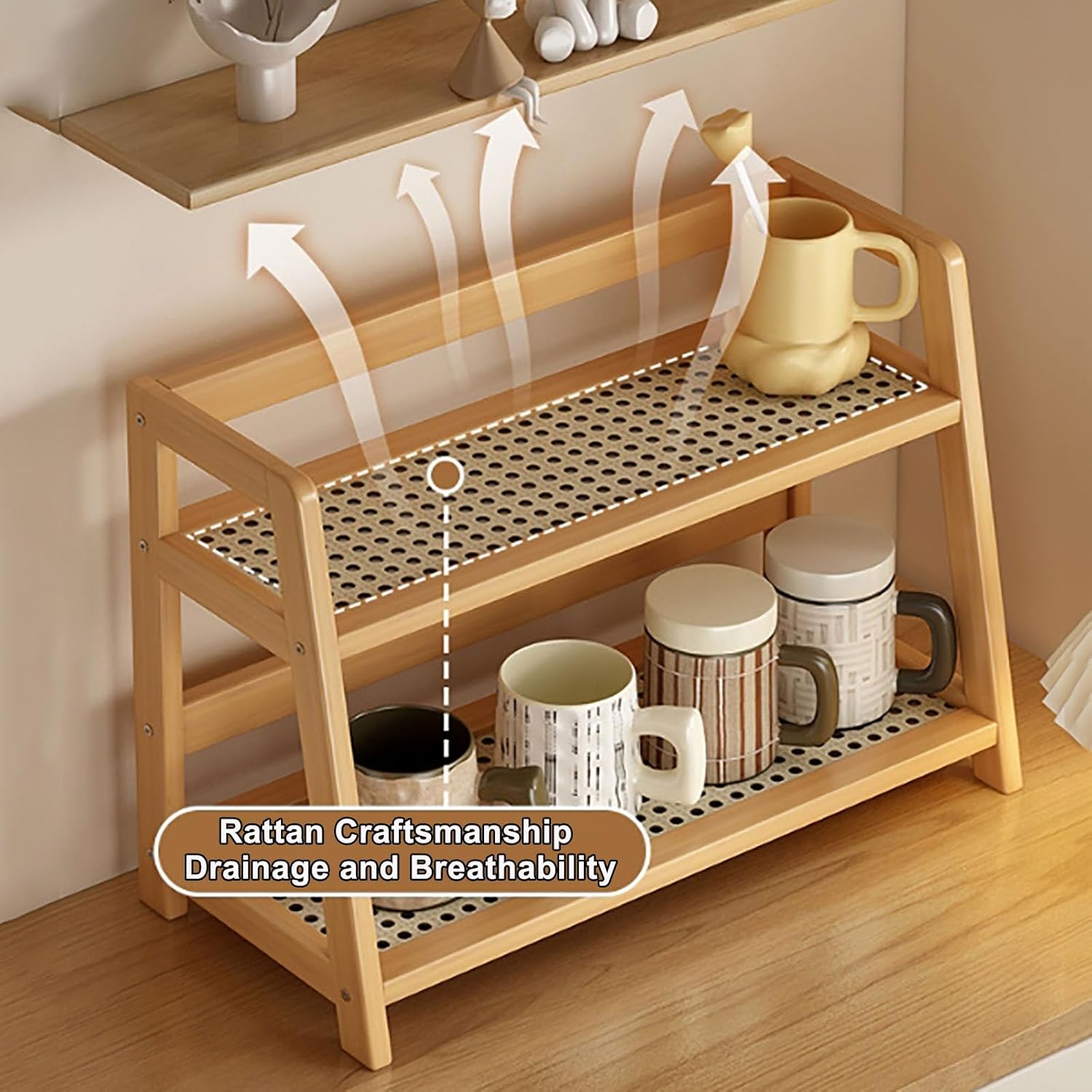 2-Tier Bamboo Coffee Mug Organizer, Multi-Purpose Tea Cup Holder Rack for Kitchen & Bathroom, Natural Wooden Storage, 15.3"x6.9"x11.2" - Space-Saving Design