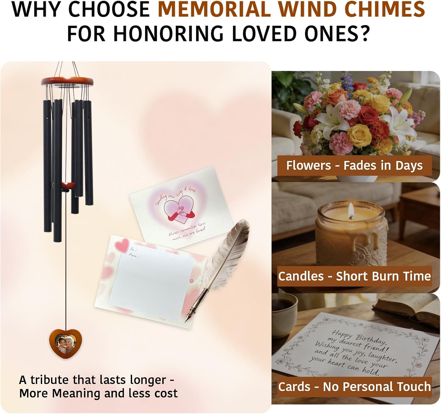 Memorial Wind Chimes with Wooden Photo Frame, 32 Inch Sympathy Windchime Outdoors for Loss of Loved One, Personalized Berevement/Memorial Gifts for Loss of Mother, Father, Husband, Friend, Pet