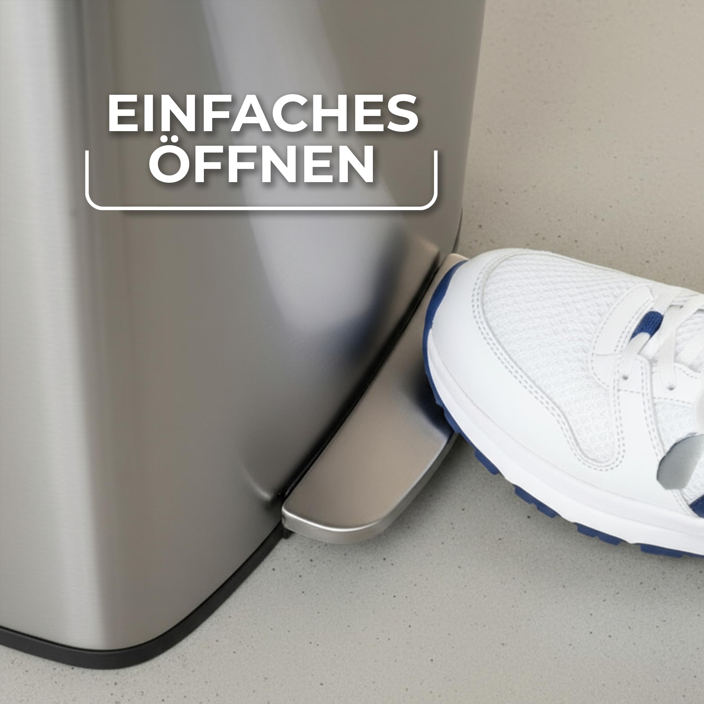 Vileda Mülleimer 50L Edelstahl - Treteimer mit Deckel - Abfalleimer 50L mit Soft-Close und 90 Grad Öffnung - Mülleimer Küche 50L | Fußpedal für hygienisches Öffnen, Deckel bis 90 Grad, fingerabdruckarme Oberfläche, rutschfester Boden