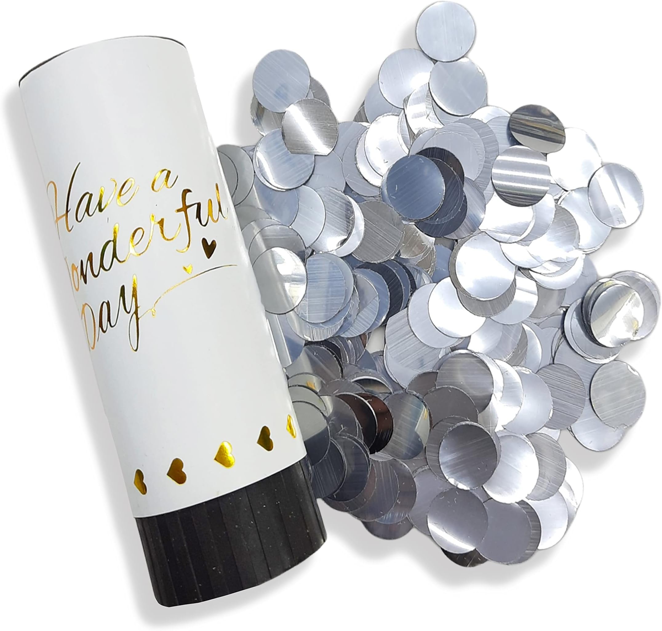 Party Time - 2 Pieces White with Silver Confetti Push-Pop Poppers Cannon, Birthday Confetti Poppers for Party Graduation Gender Reveal Baby Shower Bridal Anniversary New Year's Wedding Party Supplies
