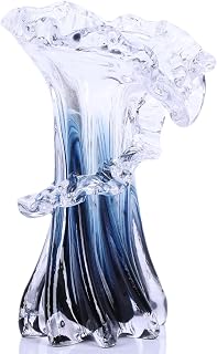 9.8" H Blue Blown Glass Vase, Modern Art Hand Blown Coastal Vase,Beautiful Unique Ocean Wave Centerpieces for Living Room, Bedroom, Office Desktop,Coffee Table and Wedding Decorative (M)