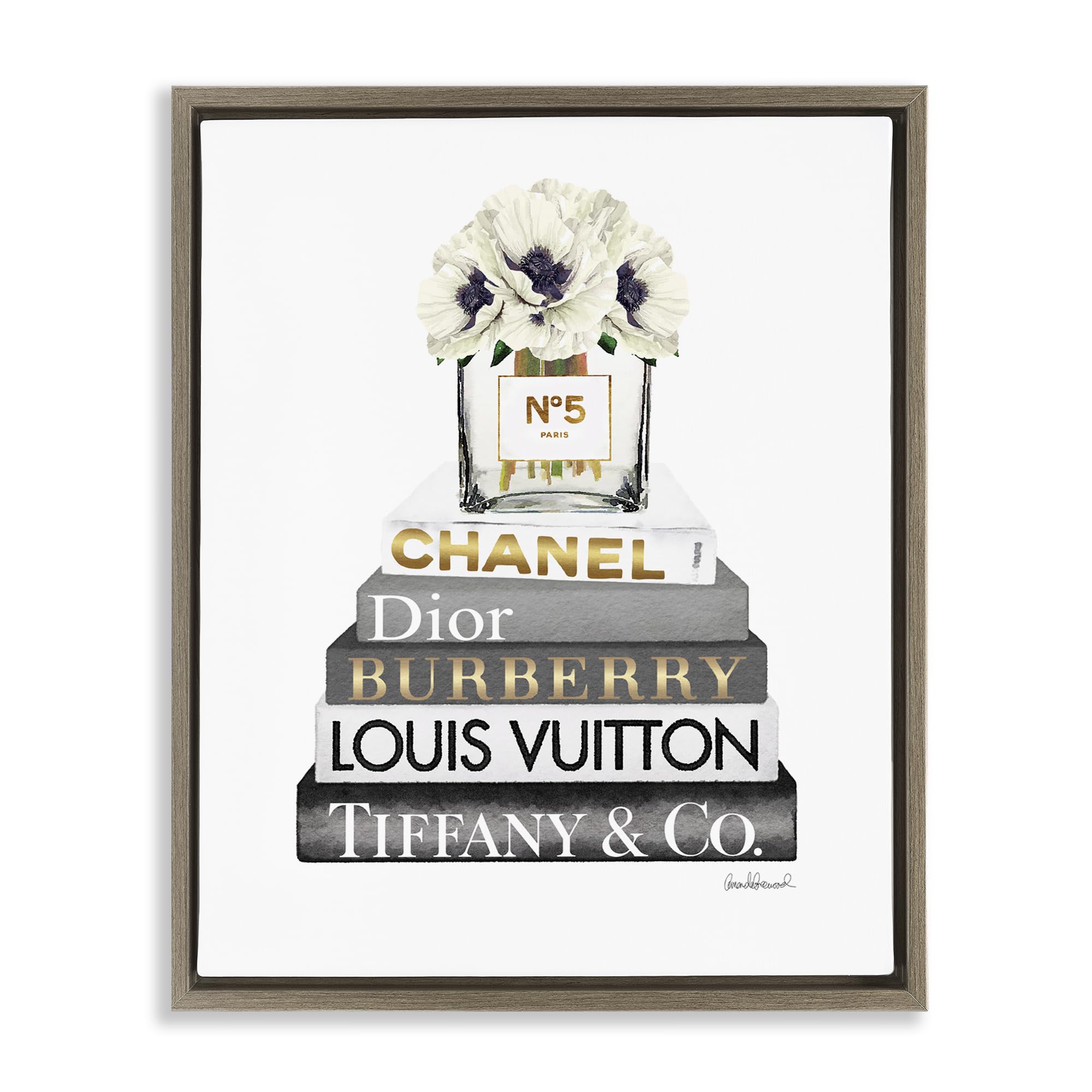 'White Poppies Grey Fashion Books'| Floating Frame Canvas Art