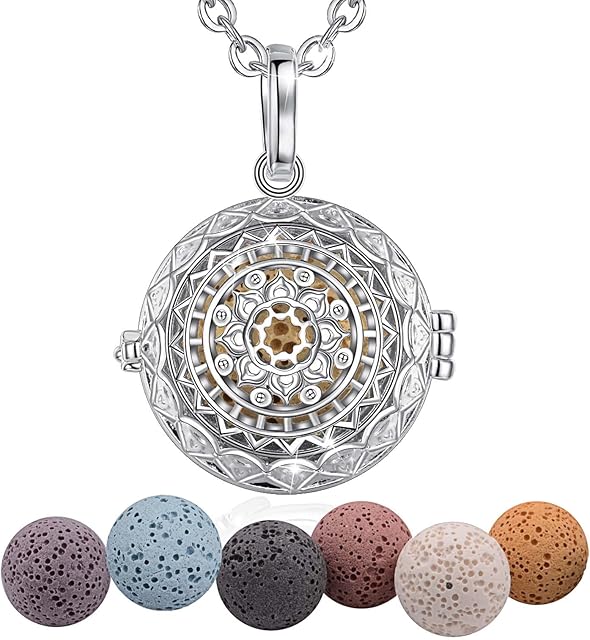 INFUSEU Aromatherapy Necklace, OM Necklace Essential Oils Diffuser Jewellery for Women, Locket Pendant with 5 PCS Lava Rock Stones and 24" Link Chain