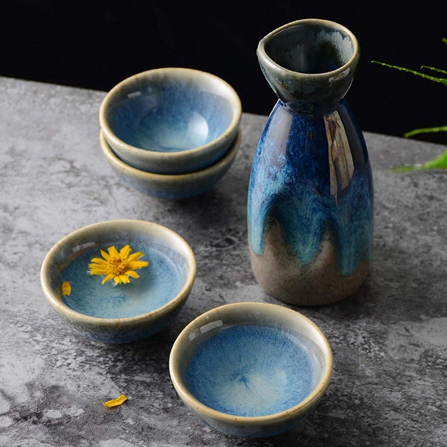 Sake Wine Set, Wine Glass,6 Piece Tie Dye Color Ceramic Sake Set with Wine, Cup and Warmer, Sake Cup Set, Pottery Hot Saki Drink Kit, Small,Home Decor/L(S)