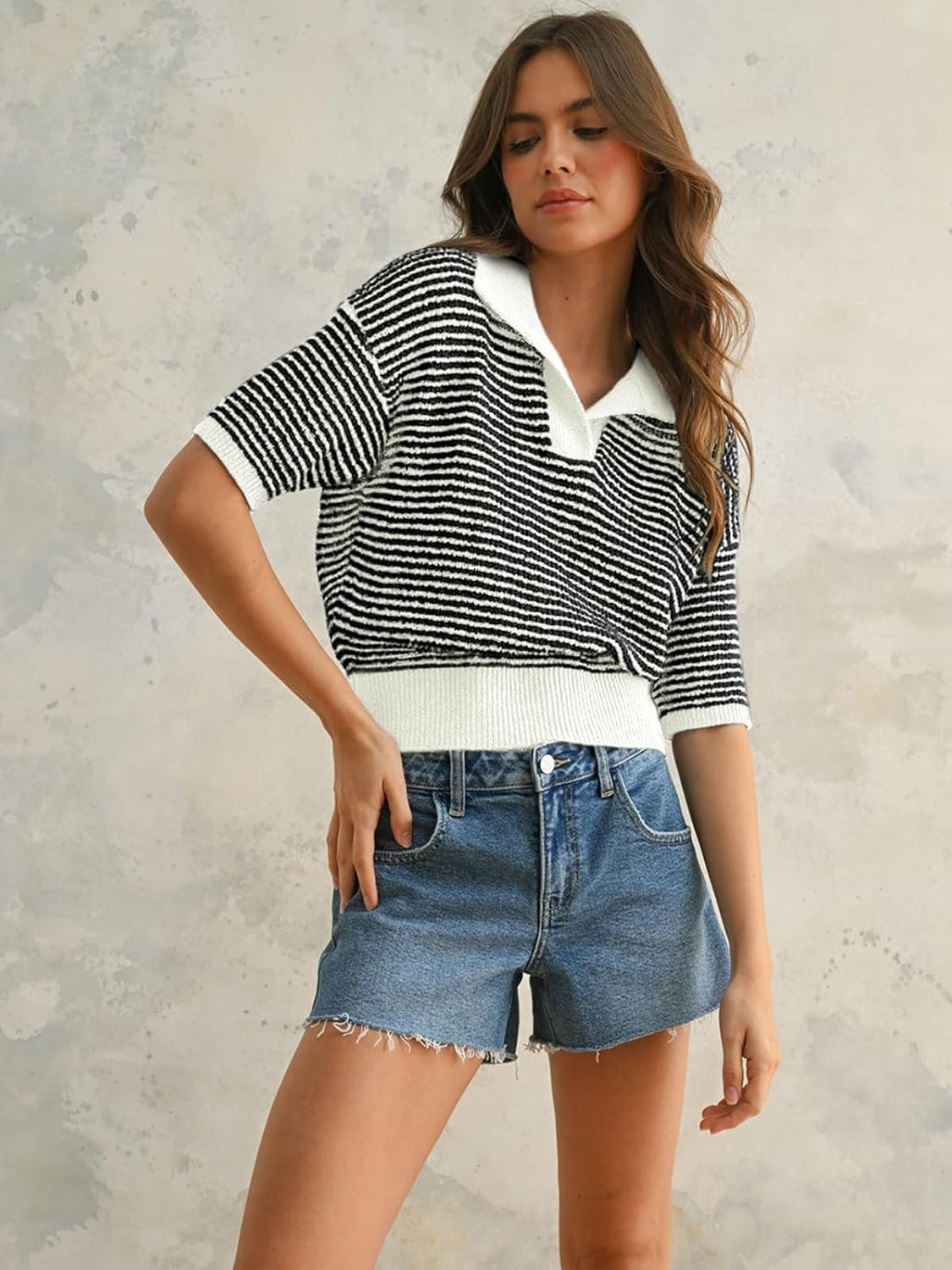 Womens Striped Cropped Sweater Short Puff Sleeve Fall Sweaters V Neck Tops Knit Casual Pullover Shirts Outfits - Image 8