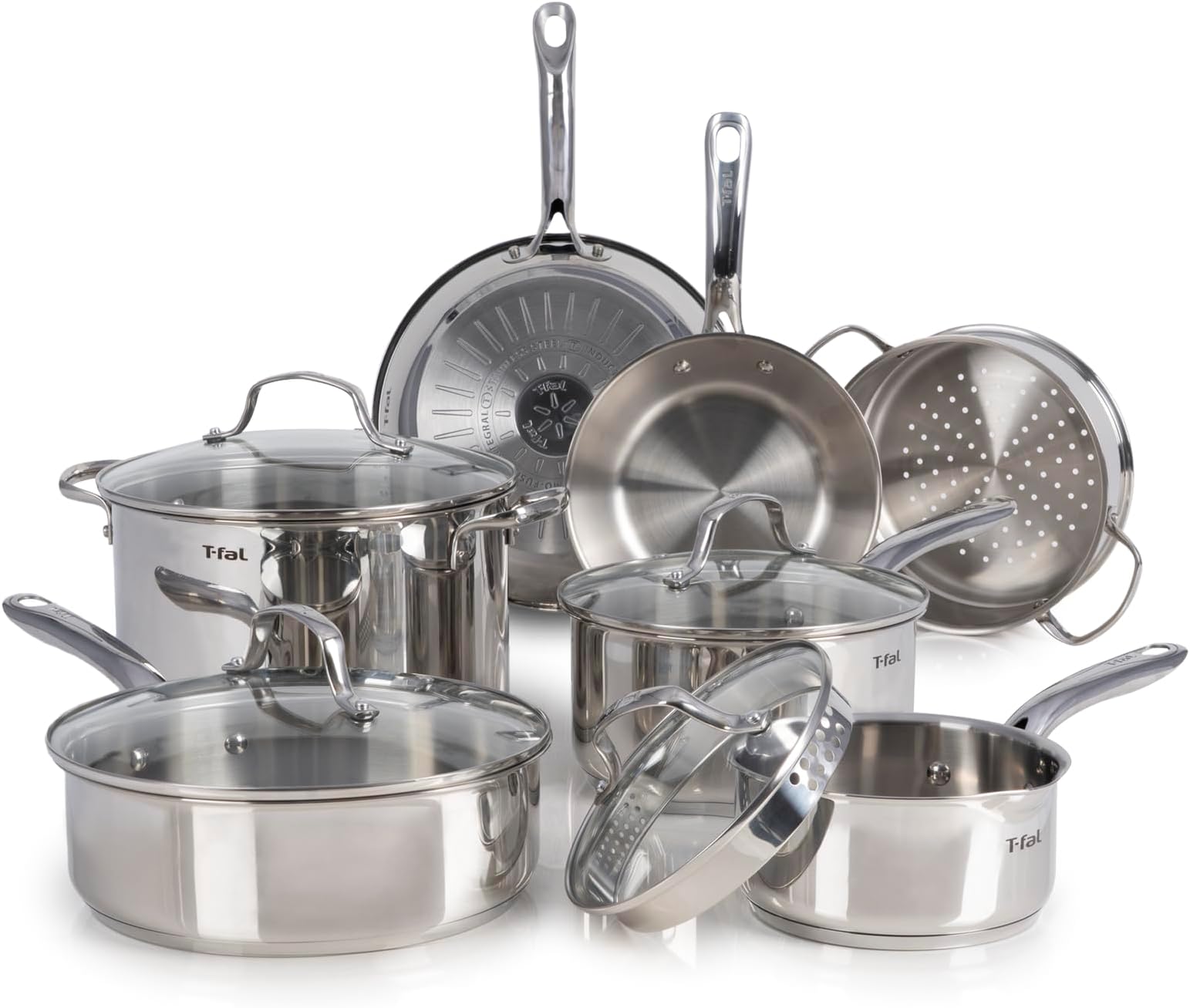 T-fal Stainless Steel Cookware Set 11 Piece, Induction, Oven Broiler Safe 500F, Kitchen Cooking Set w/ Fry Pans, Saucepans, Saute Pan, Dutch Oven, Steamer, Pots and Pans, Dishwasher Safe, Silver