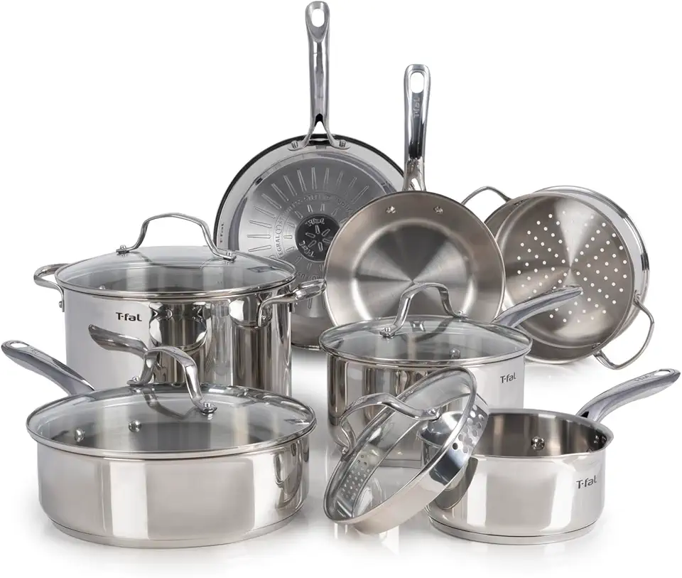 T-fal Stainless Steel Cookware Set 11 Piece, Induction, Oven Broiler Safe 500F, Kitchen Cooking Set w/Fry Pans, Saucepans, Saute Pan, Dutch Oven, Steamer, Pots and Pans, Dishwasher Safe, Silver