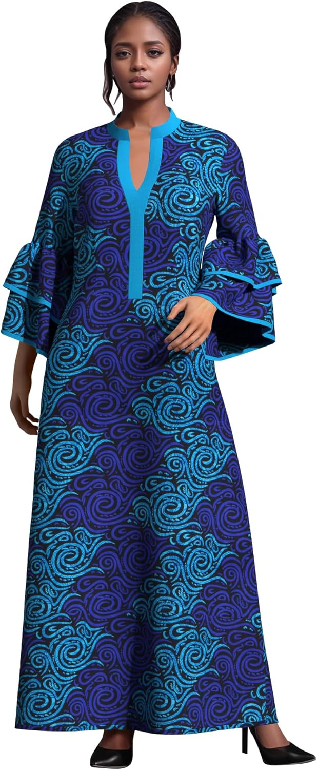 iooiooi Womens Double Layered Bell Sleeve African Maxi Dress Ankara Wedding Party Dress - Image 2