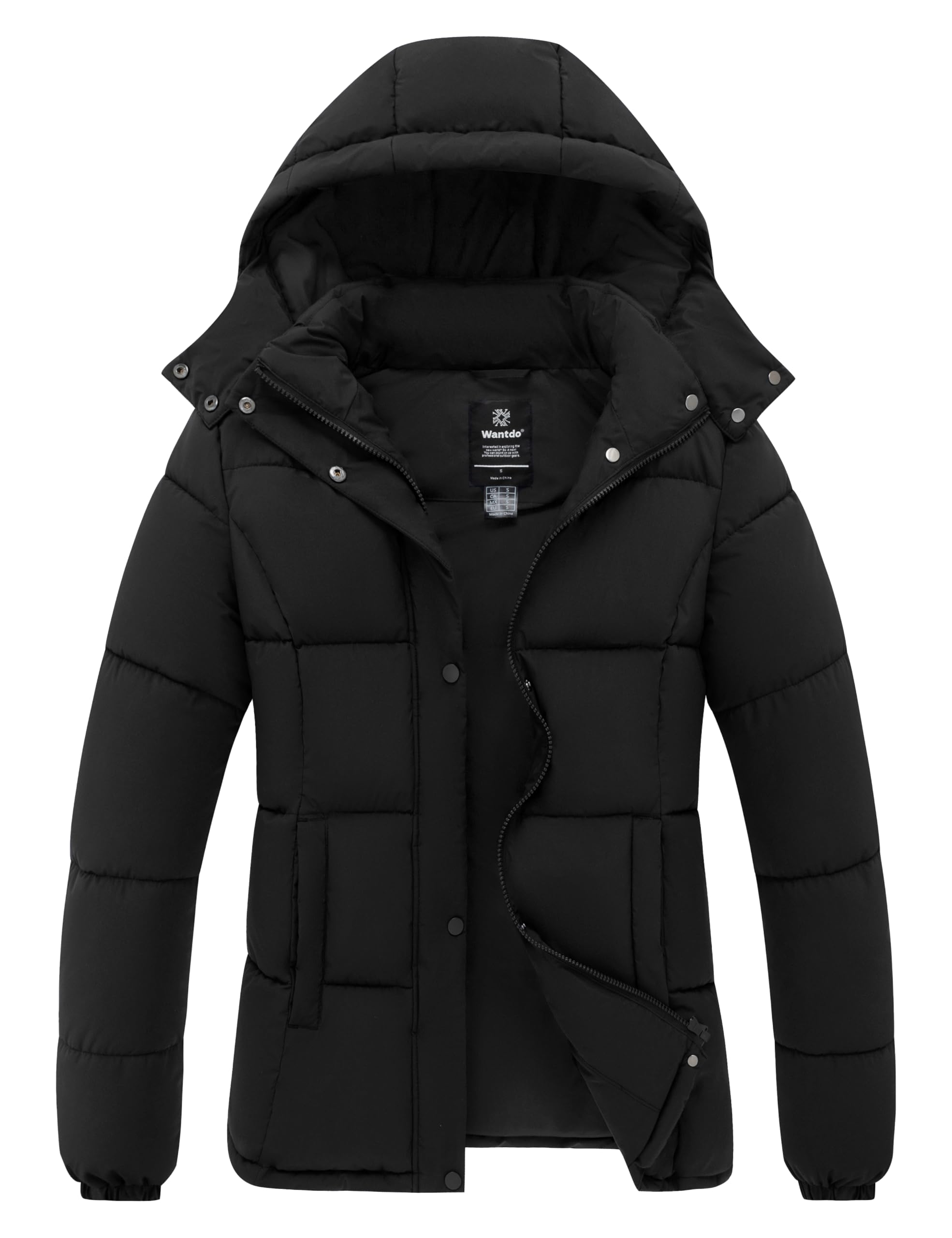 wantdo Women's Warm Puffer Coat Hooded Winter Coat Winter Jacket Black M