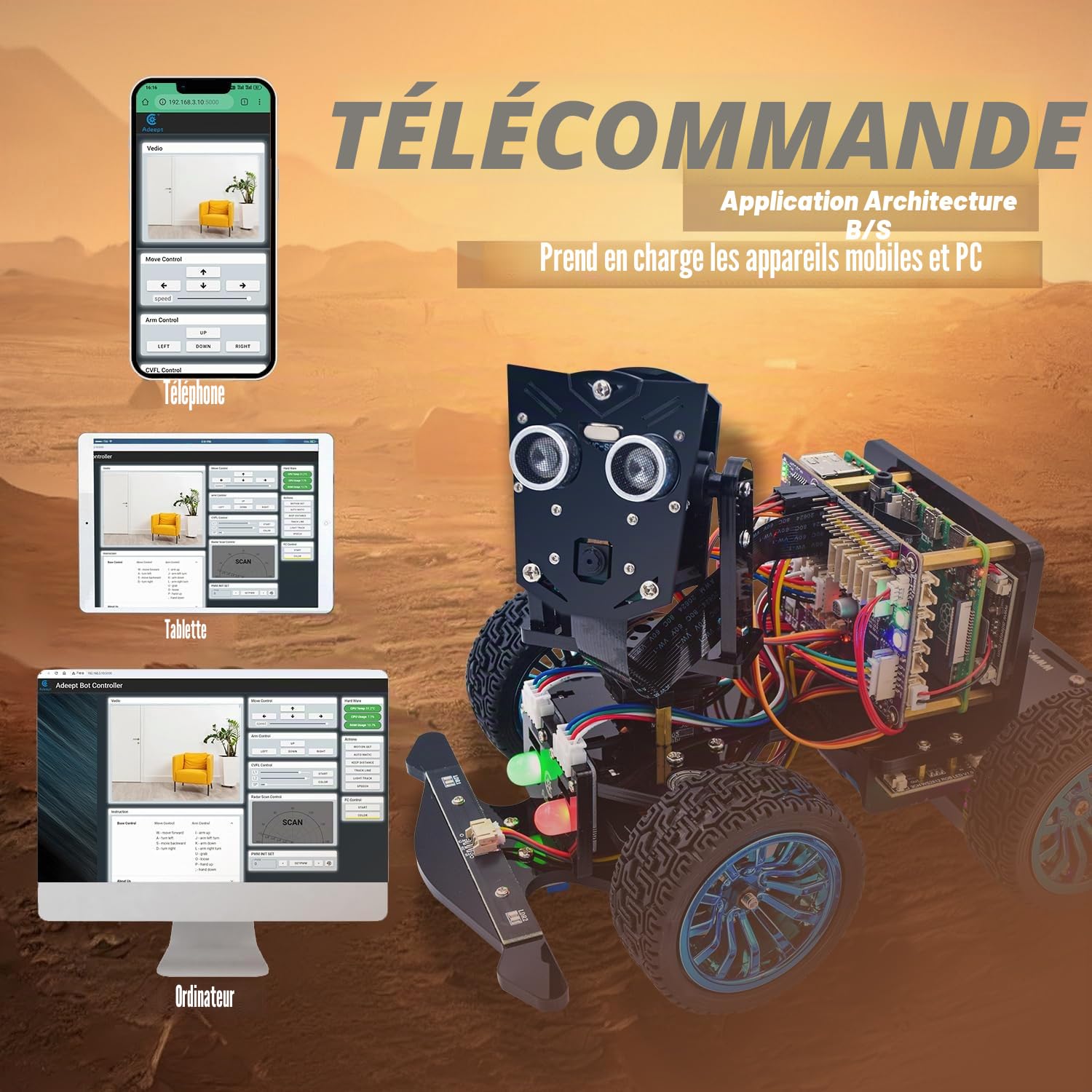 Adeept PiCar-B Mars Rover Kit de voiture intelligente pour Raspberry Pi 5/4B/3B/3B+, évitement d'obstacles, suivi de ligne, traçage de lumière, appareil photo, reconnaissance vocale, Python, tutoriels