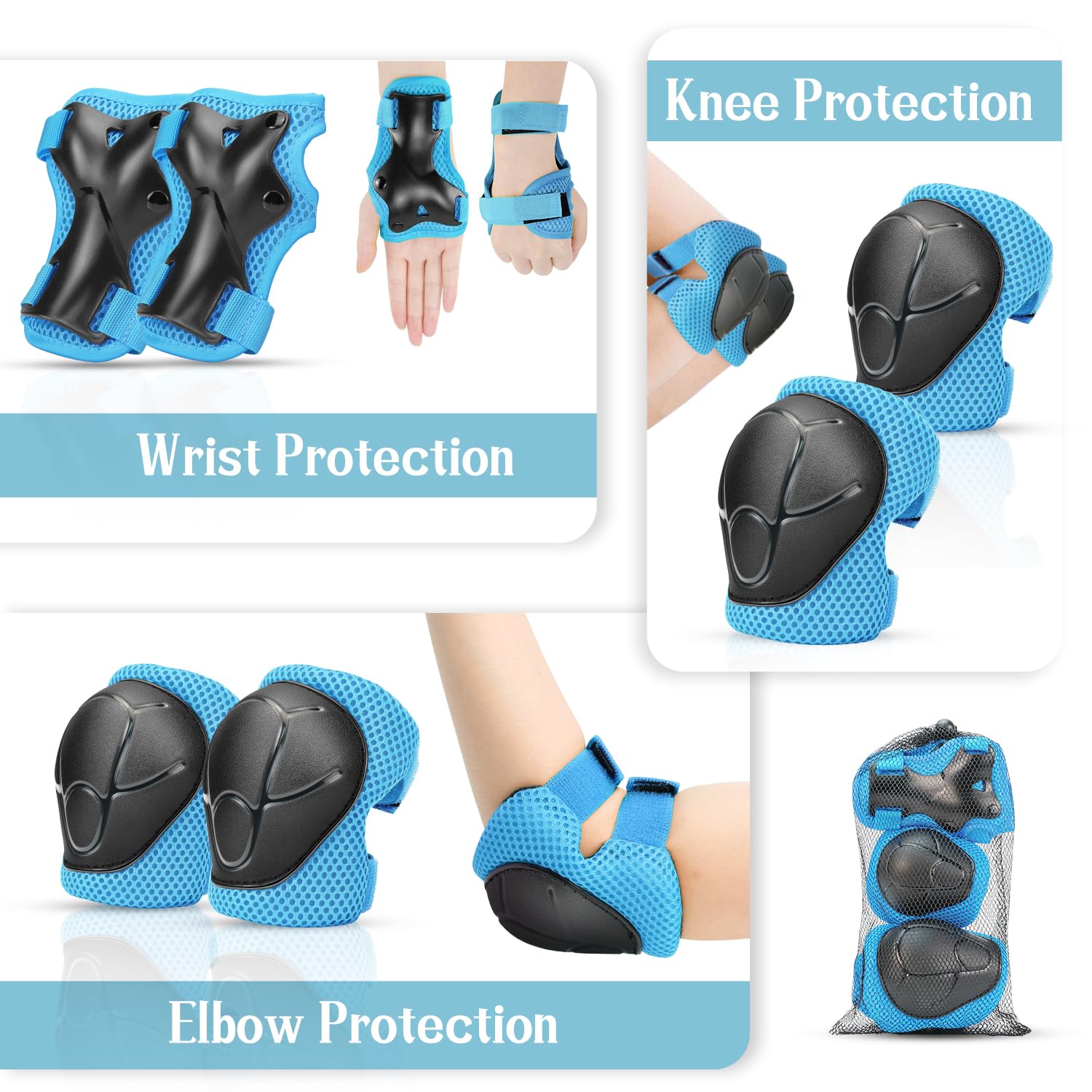 Kids Knee And Elbow Pads ,6pcs Wrist Guard Knee And Elbow Pads for Children Kids Sports Protective Gear Set including Mesh Bag for Skateboard Roller Skating - Image 3