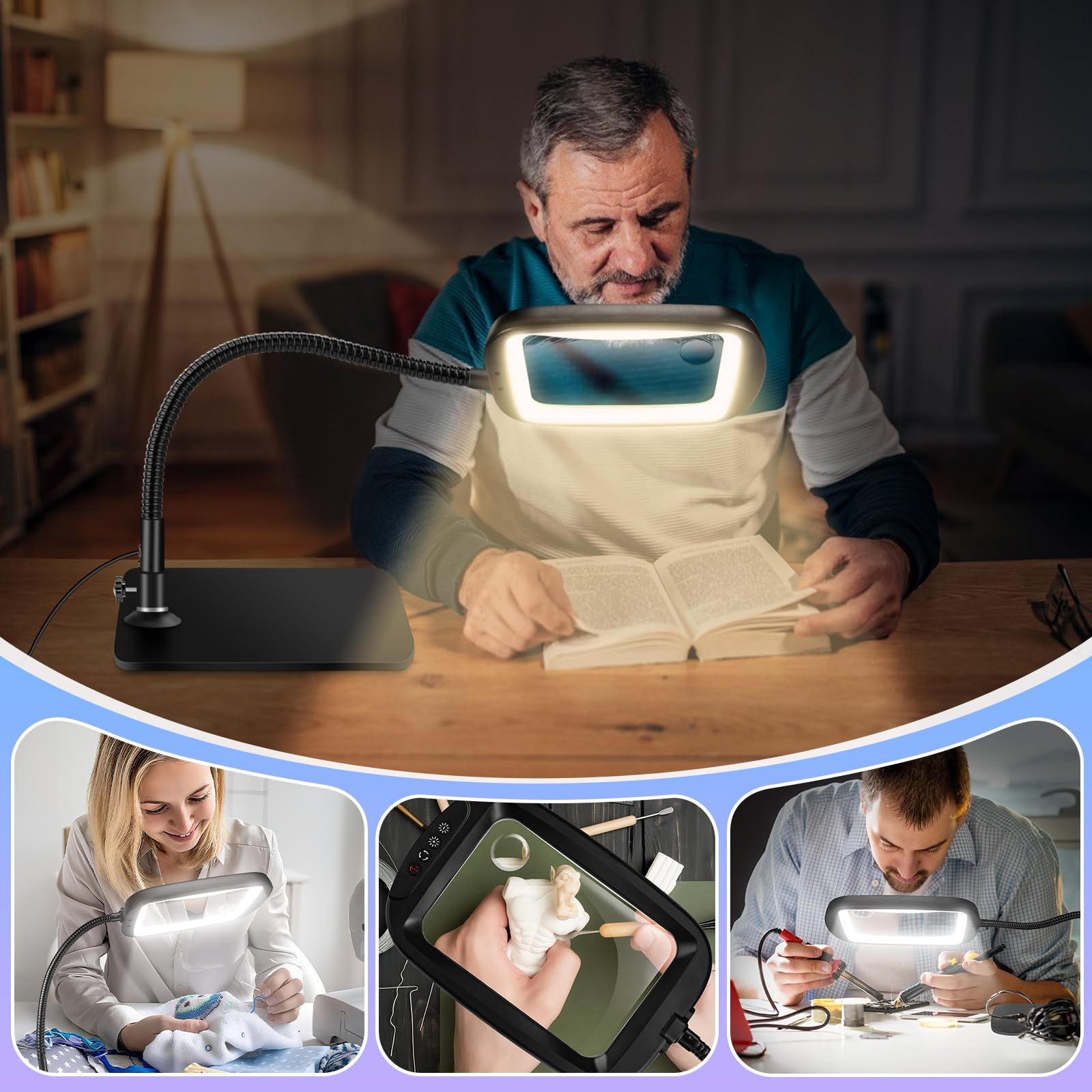 NZQXJXZ 10x Lente Ingrandimento con Luce con Luce e Supporto, 5 Modalità Colore Dimmerabili Lampada Lente Ingrandimento, Lampada ingrandimento per Diamond Painting, Lettura, Riparazione, Artigianato