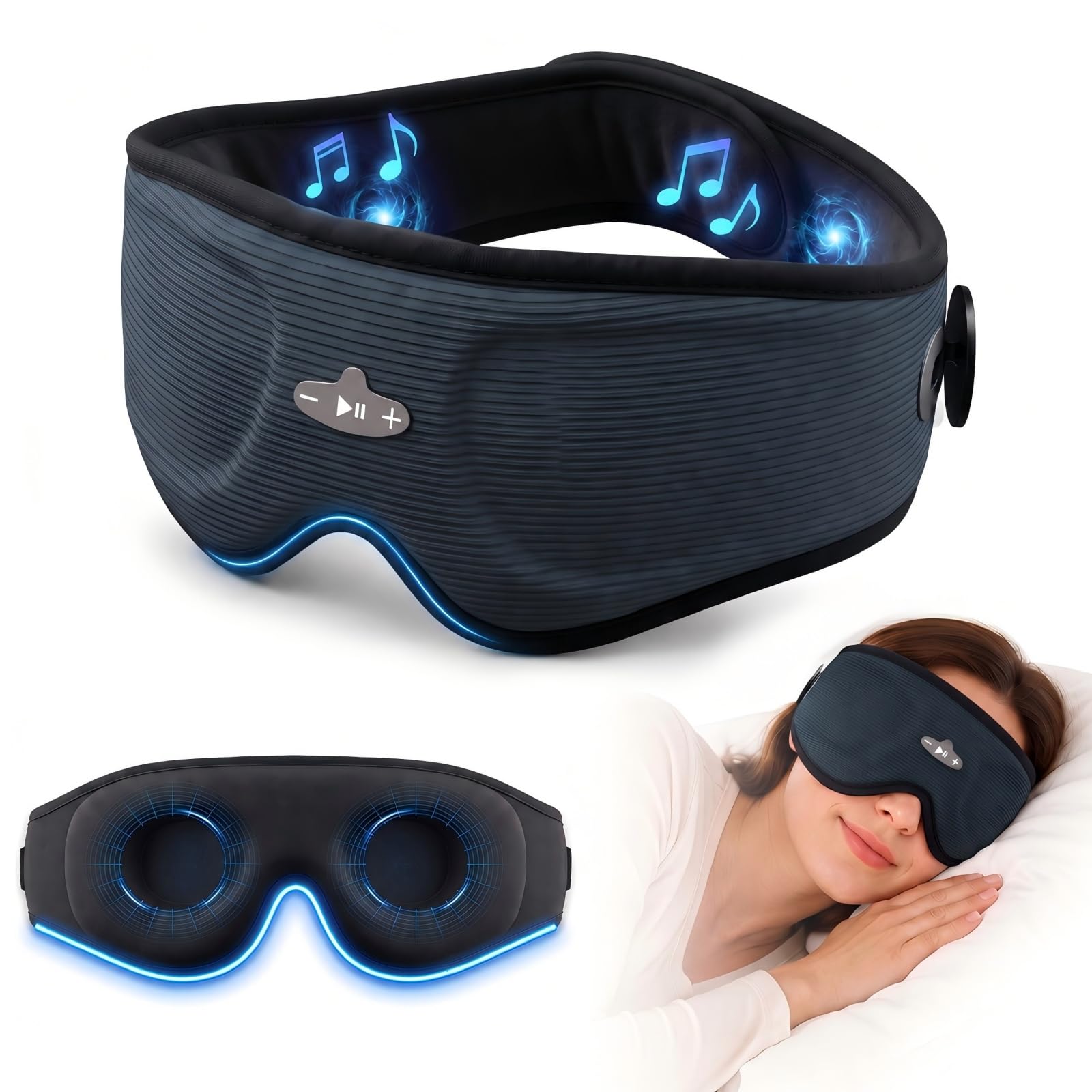 Schlafmaske mit Bluetooth-Kopfhörern, 3D-Verdunkelung, Schlafkopfhörer mit verstellbaren Lautsprechern, waschbare Augenmaske, Bluetooth 5.4, 10-12H Spielzeit für Reisen, Meditation