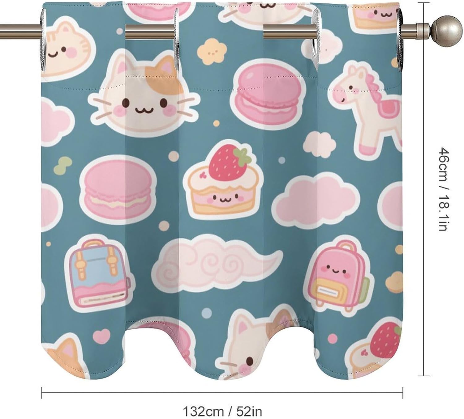 Blue and Pink Cat Dessert Curtain 2 Panels, Polyester Fiber, Blackout Insulated Window Curtain, Curtain Valance for Kitchen Dining Room Living Room Cafe Small Window 52 * 18.1 Inches