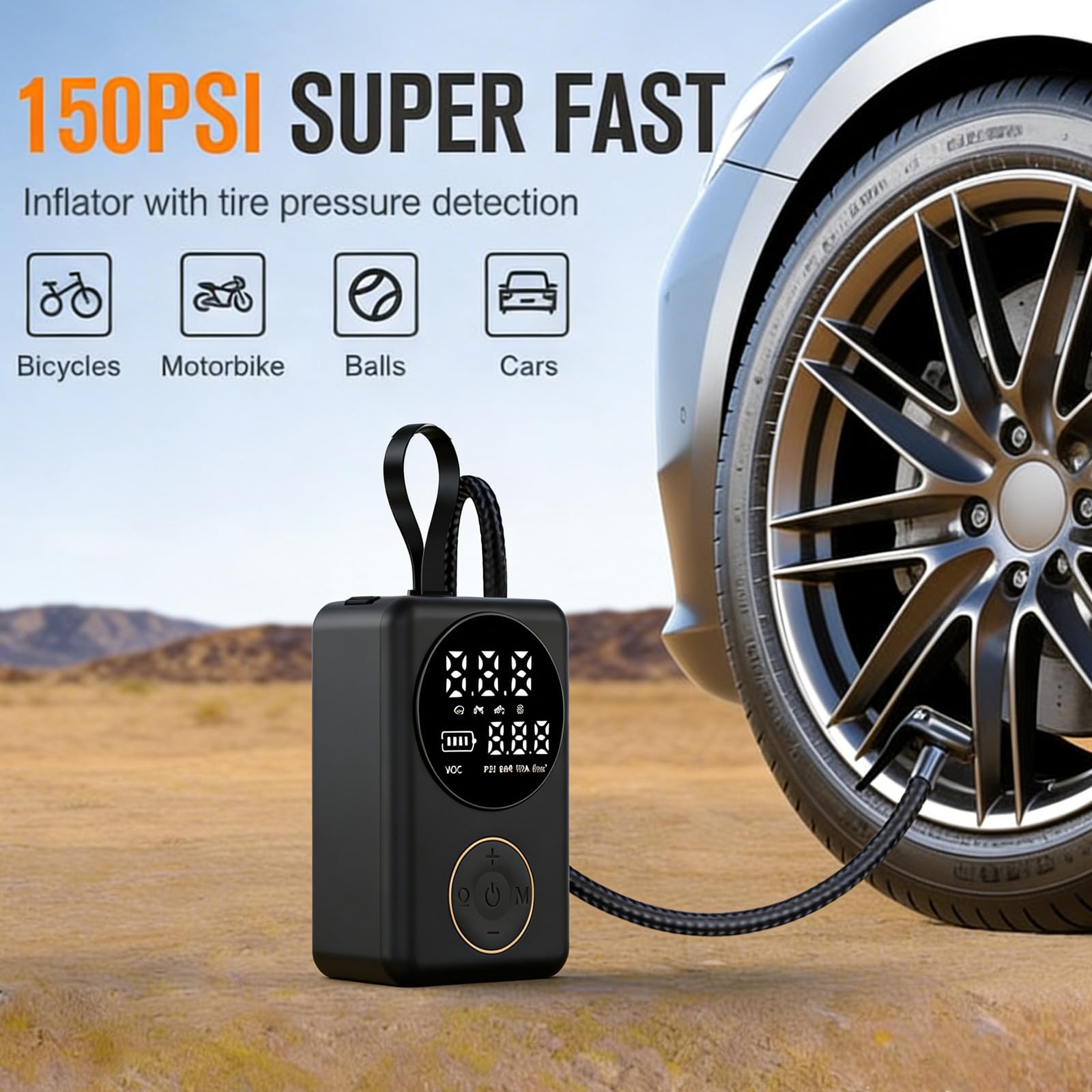 Pompa ad aria elettrica senza fili, Pompa per bicicletta 150 PSI Elettrico con luce di lavoro LED e spegnimento automatico, Pompa per bicicletta Mini Compressore USB Batteria Pompa ad aria per auto