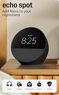 Amazon Echo Spot 2024 Smart Alarm Clock with Alexa+ - Vibrant Display, Rich Sound for Nightstand, Kitchen, Black