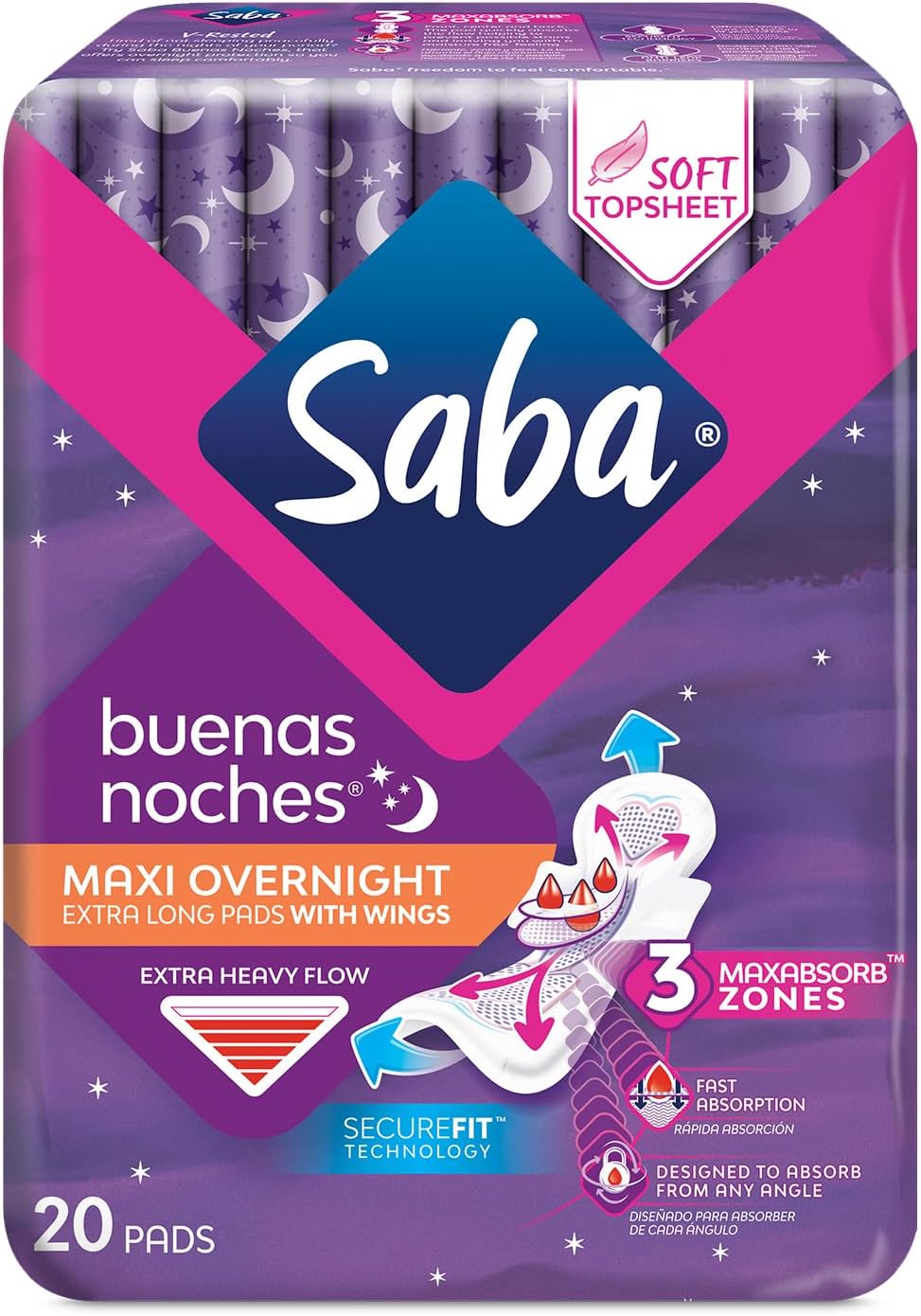 Saba Buenas Noches Overnight Maxi Pads with Wings, Built for Absorption Distribution and Protection, 6-Pack of 20 Pads (120 Count)