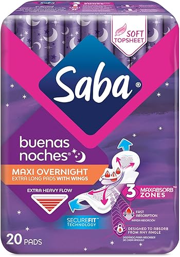 Saba Buenas Noches Overnight Maxi Pads con alas, diseñadas para distribución de absorción y protección, 60 almohadillas de 120 unidades (6 paquetes