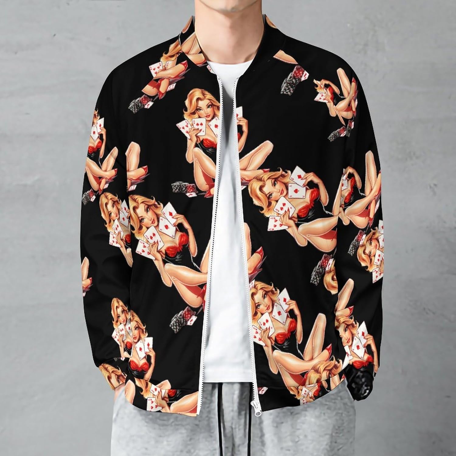 Aces Playing Cards Pinup Girl Men's Zip Up Sweatshirt Casual Sweater Jackets Long Sleeve Tops Lightweight Coat