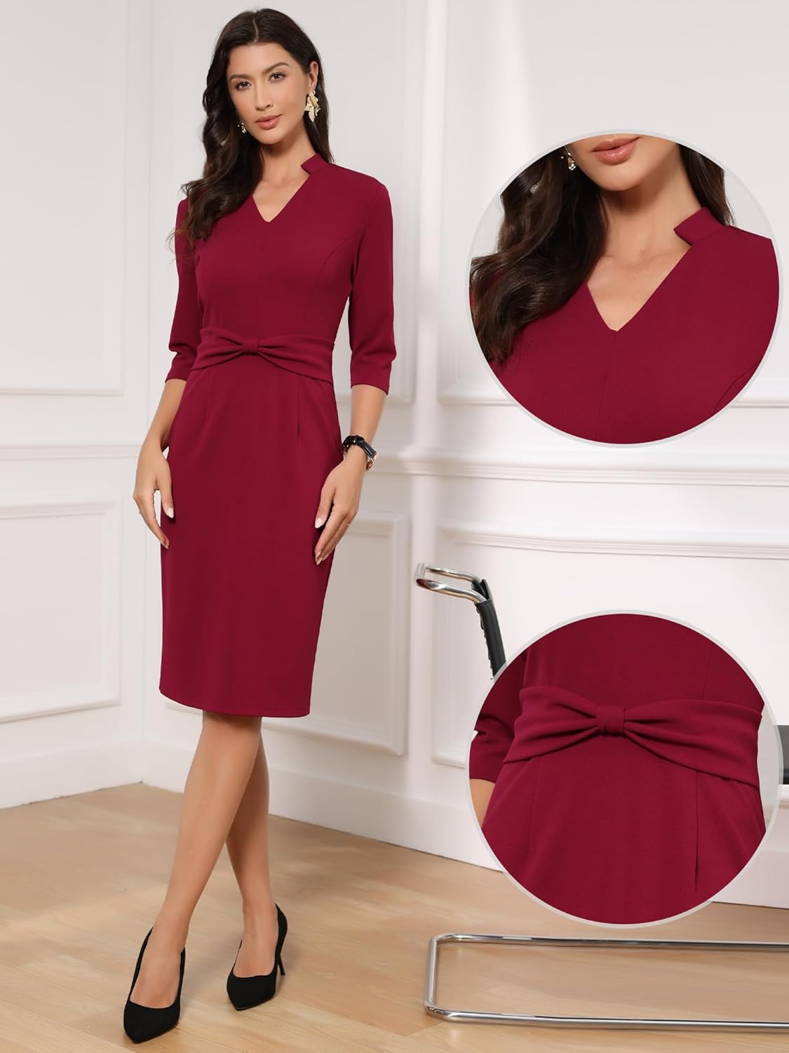 Allegra K Work Dresses for Women 3/4 Sleeve Stand Collared V Neck Business Office Bodycon Sheath Dress 2026 - Image 4