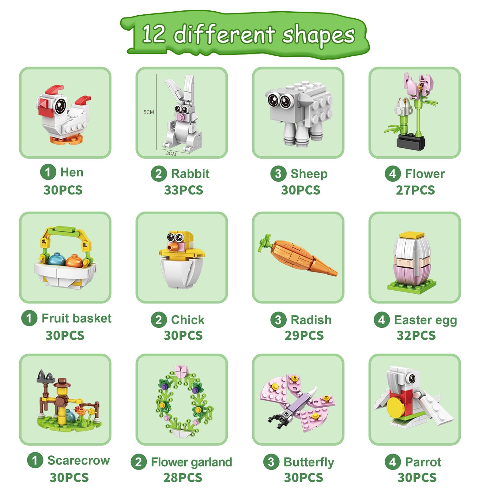 Lot De 360 Blocs De Construction Pâques – 12 œufs Surprise – 12 Modèles Lapins/carottes – ABS – Dès 6 Ans