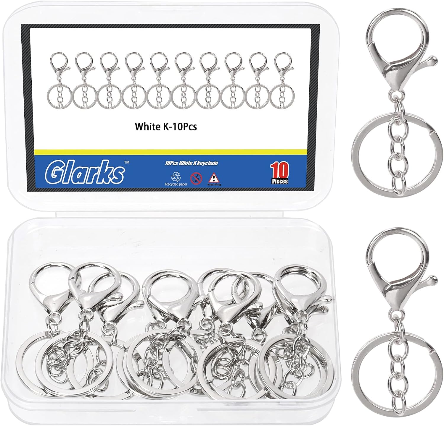 Glarks 10pcs White Metal Lobster Claw Clasps with Chains and Key Rings Kit, 32mm Lanyard Snap Keychain Hook, Lobster Clasp Trigger Clips, Lobster Clasp Hook for DIY Bag, Key Ring, Craft Making