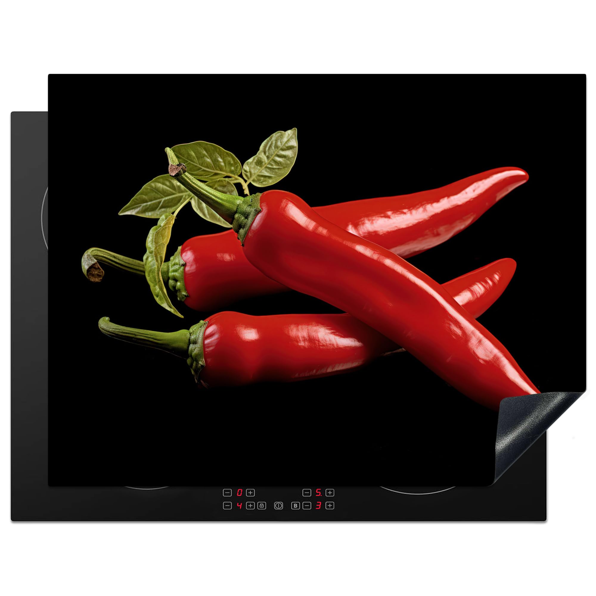 KitchenYeah© Induction Hob Protector Mat 23.2"x30.3" / 77x59 cm Cooker Top Protectors Cover Ceramic Covers Electric Hobs Vinyl Red Pepper - Red - Herbs - Spices - Black