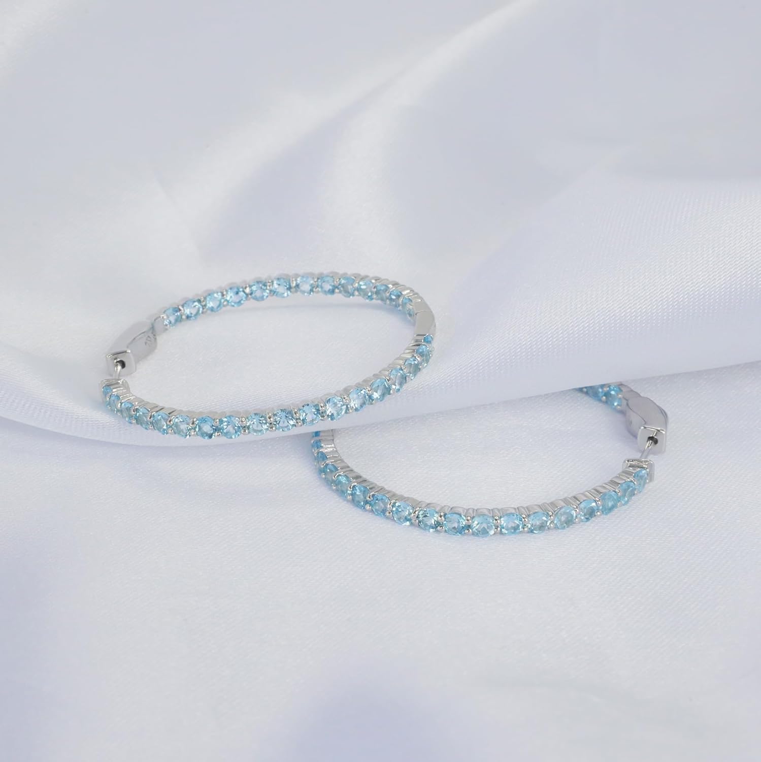Hoop Earrings, Eternity Earrings with 62 Colored Gemstones, Birthstone Eternity Earrings Women, 925 Sterling Silver Women's Jewelry with Push Back Closure, 1.73”