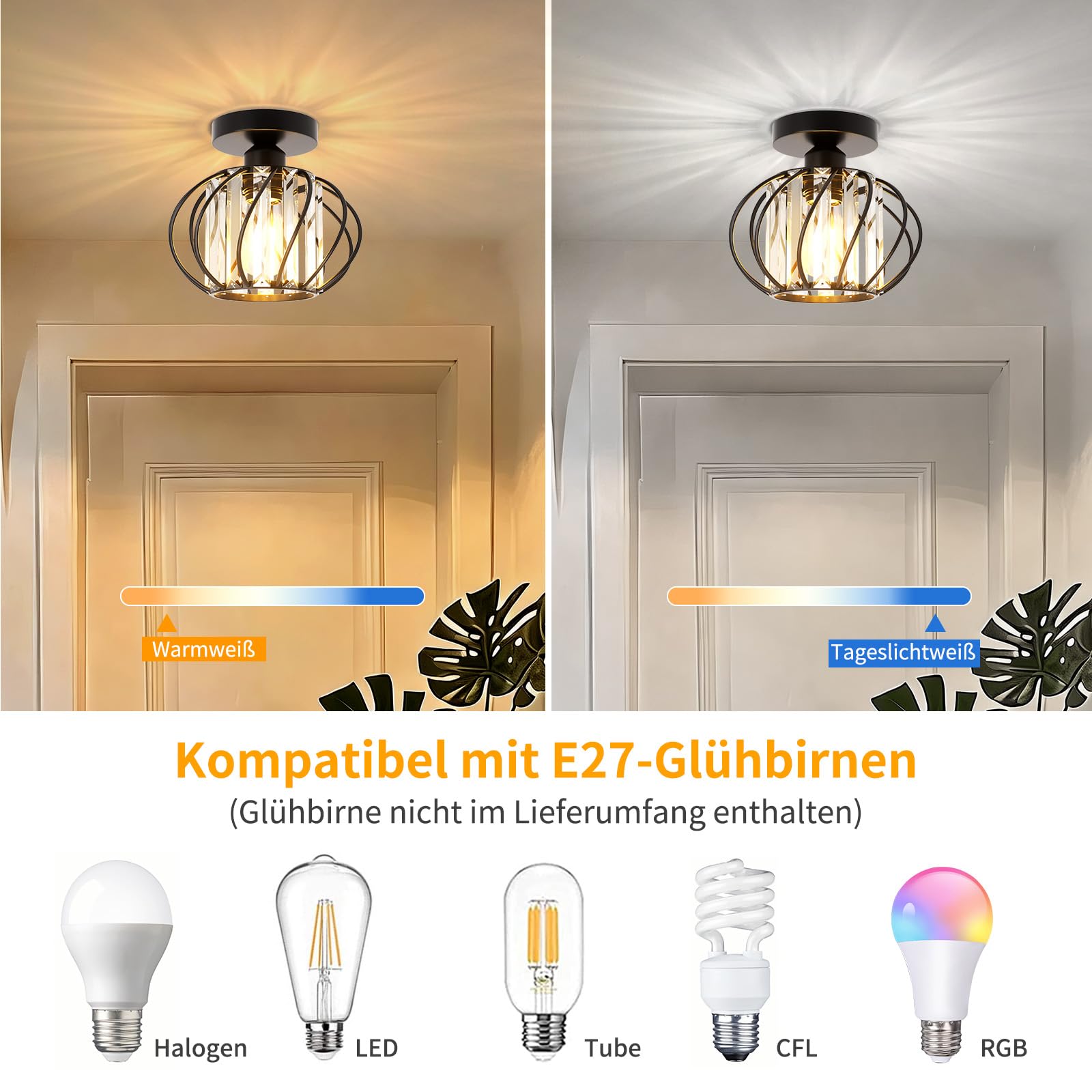 FRIDEKO HOME 2 Stück Deckenleuchte E27 Ø19cm Schwarz Kristall Deckenlampe