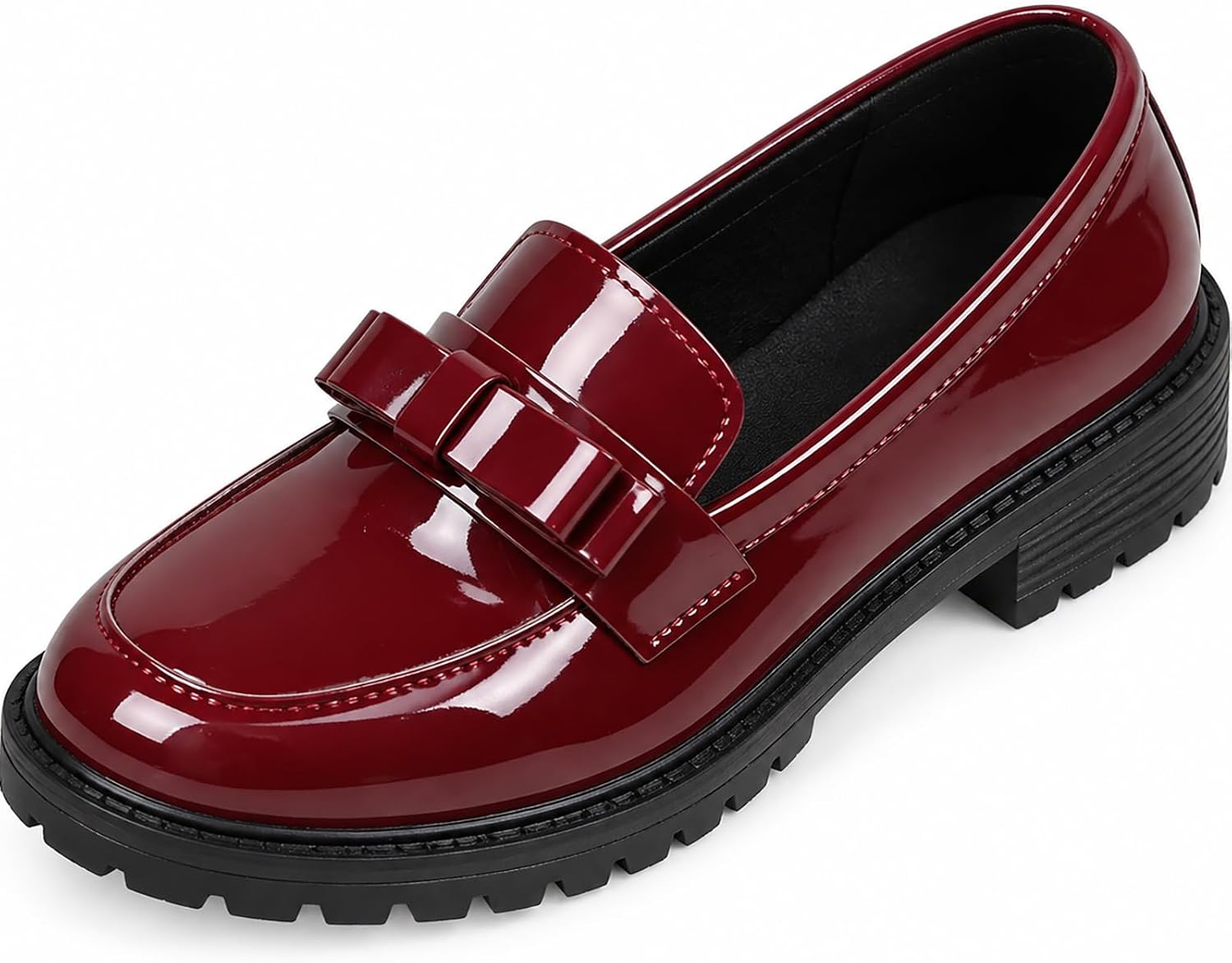 Women's Patent Leather Bow Chunky Heel Loafers Elegant Round Toe Slip On Comfort Non-Slip Lug Sole Platform Dress Shoes for Work Business Daily Casual