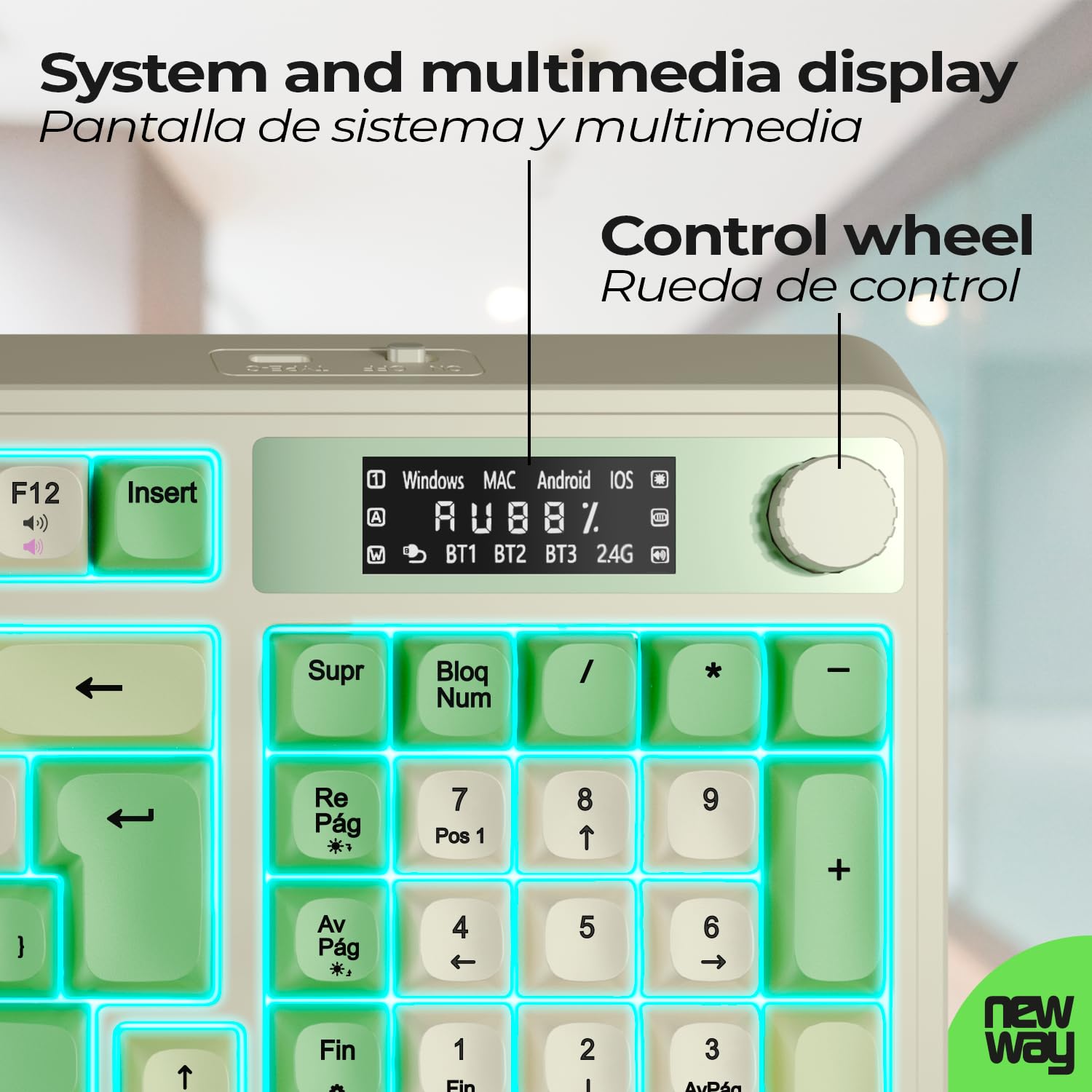 NEWWAY NK251 – Teclado inalámbrico Recargable Pantalla LCD Rueda Multifunción - QWERTY español – Triple Modo (WiFi 2.4 GHz, BT, USB-C) – RGB – Receptor USB Integrado en la Parte Trasera