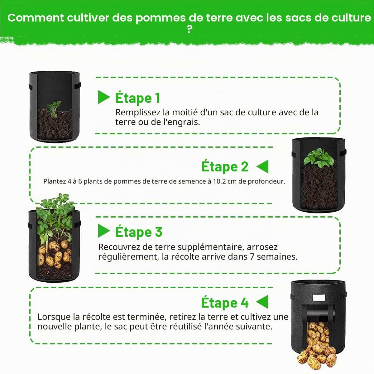 Lot de 3 sacs de plantation de pommes de terre de 7 gallons avec poignées stables et rabat visualisé, pots en non-tissé épais et respirant avec gants de jardinage pour tomates, pommes de
