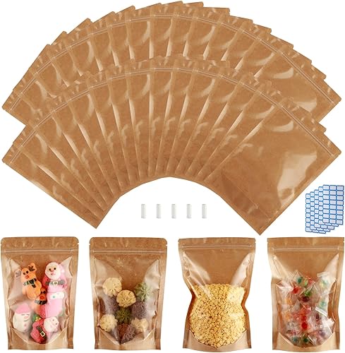 Miniatura 1 de Paquete de 150 bolsas de papel kraft con ventana transparente de 4 x 6 pulgadas, bolsas de Mylar pequeñas con cierre para almacenamiento de