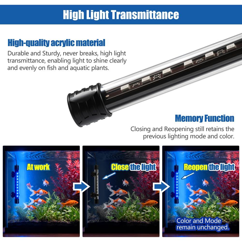 Luz LED para acuario con IP68 impermeable y función de memoria, luz sumergible para pecera con control remoto y 16 colores, 23 pulgadas de brillo, barra de luz subacuática ajustable para